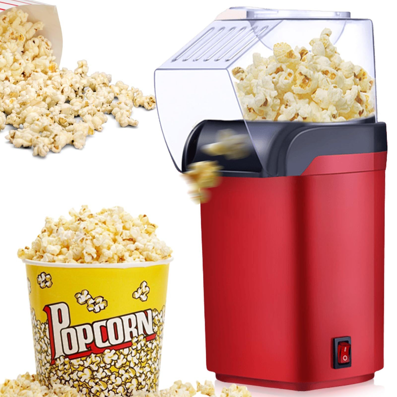 Macchina per popcorn ad aria calda 1200W, Produttore di popcorn senza grassi senza olio, Popcorn veloce in 2-3 minuti, Funzionamento con un tocco, Macchina per popcorn compatta per casa cinema