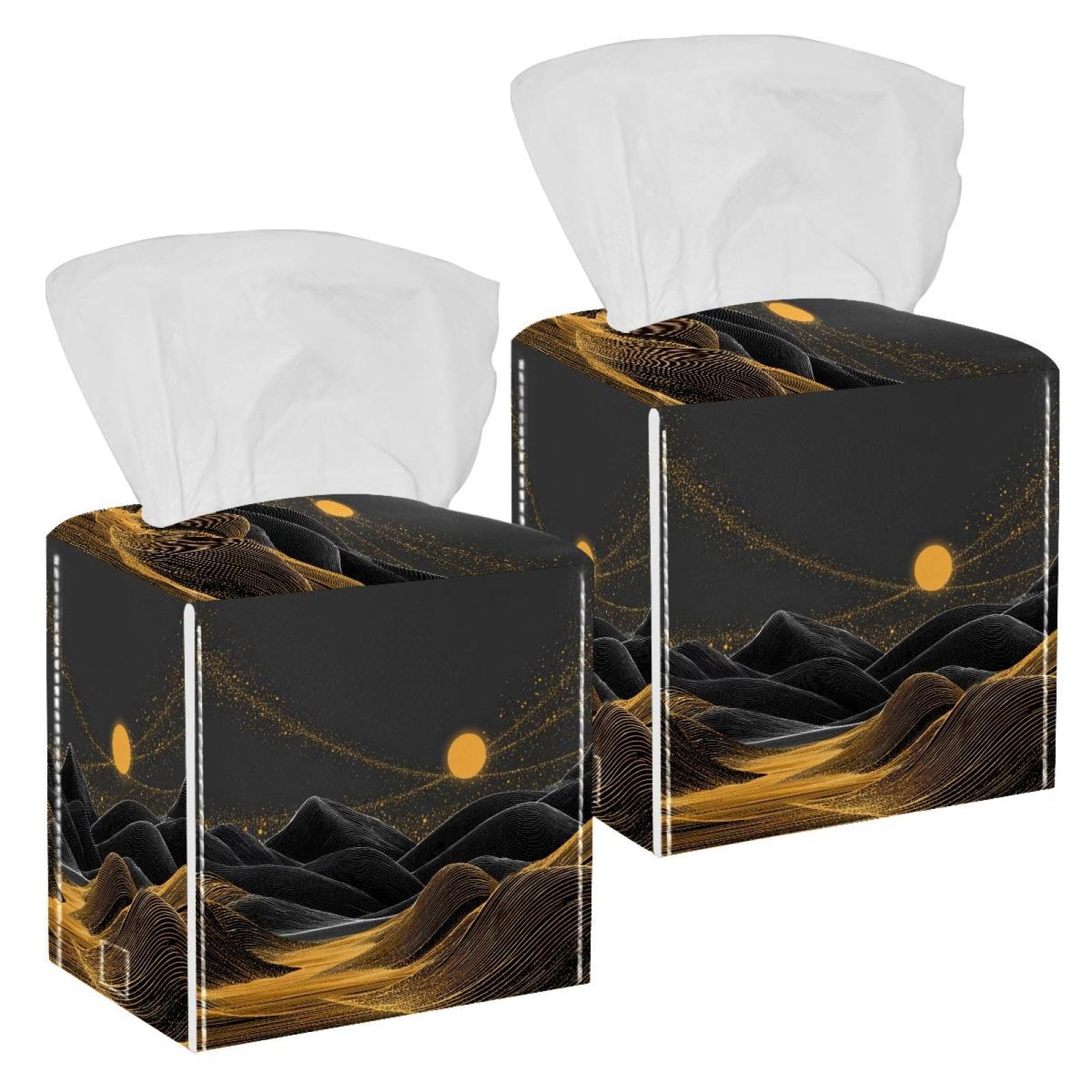 Mountain and Moon Tissue Box Cover, 2 Pack PU Leather Square Facial Tissue Dispenser Box holder for Home Office Car