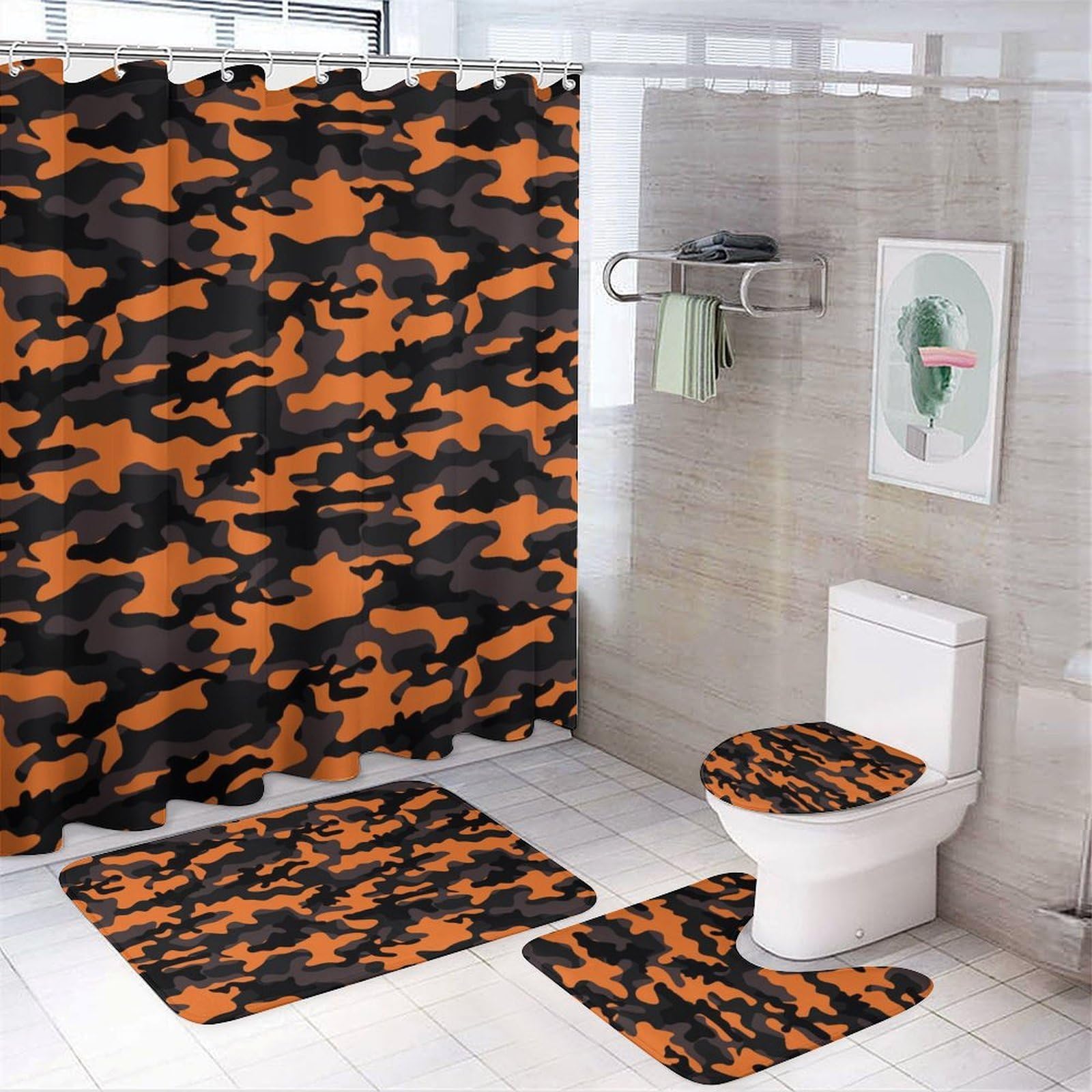 Ensemble de 4 pièces de salle de bain avec rideau de douche et tapis – Tapis de salle de bain tendance et moderne à imprimé camouflage orange noir – Accessoires de décoration pour forme de U et tapis