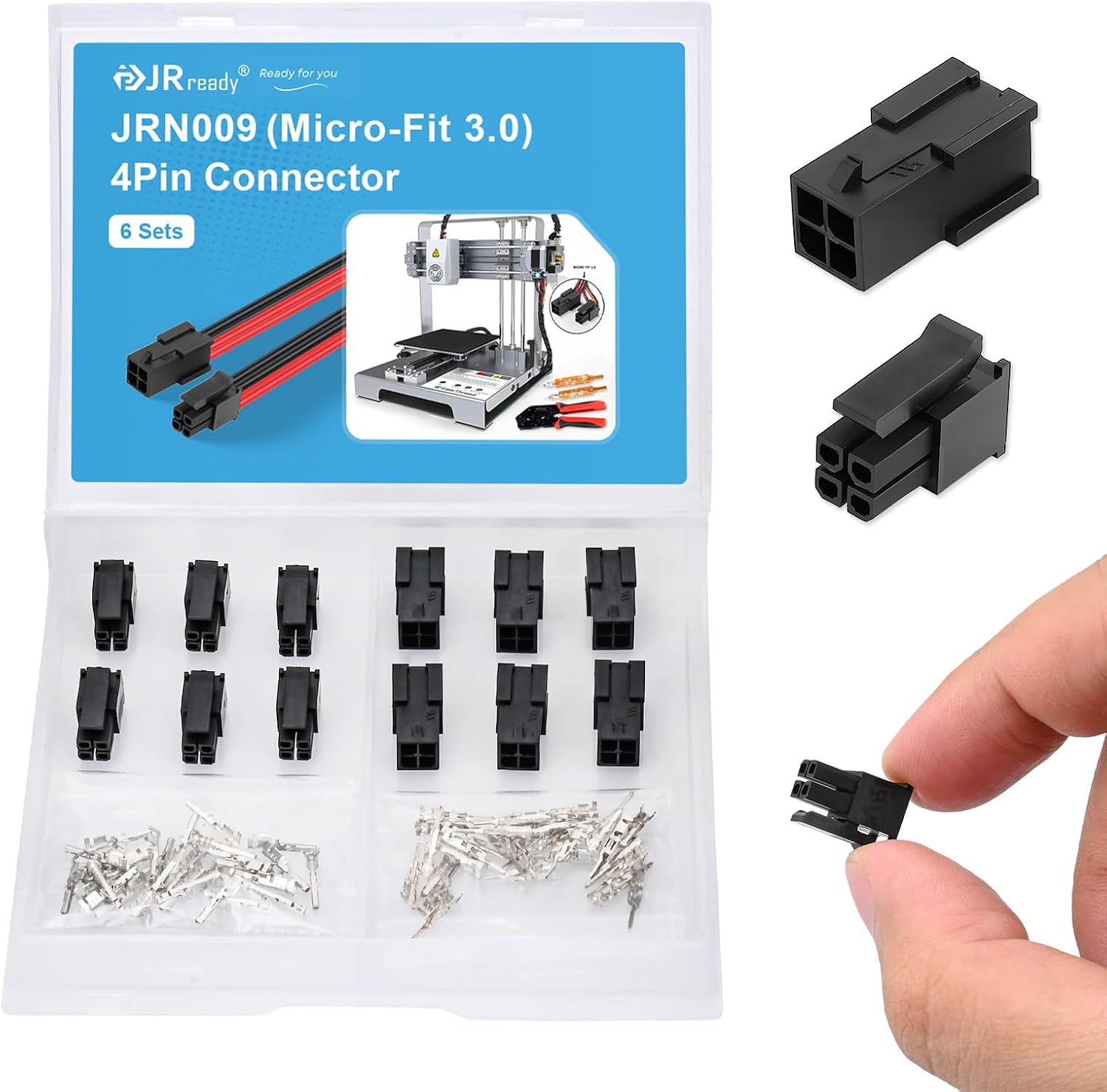 JRready Micro-Fit 3.0 4Pin Molex Connector Kit Dual Row 4 Circuits Crimp Terminal Pins Sockets 20-24AWG Compatible with Molex Micro Fit 3.0 43020-0401 43025-0400 6Sets ACTCRH6A04