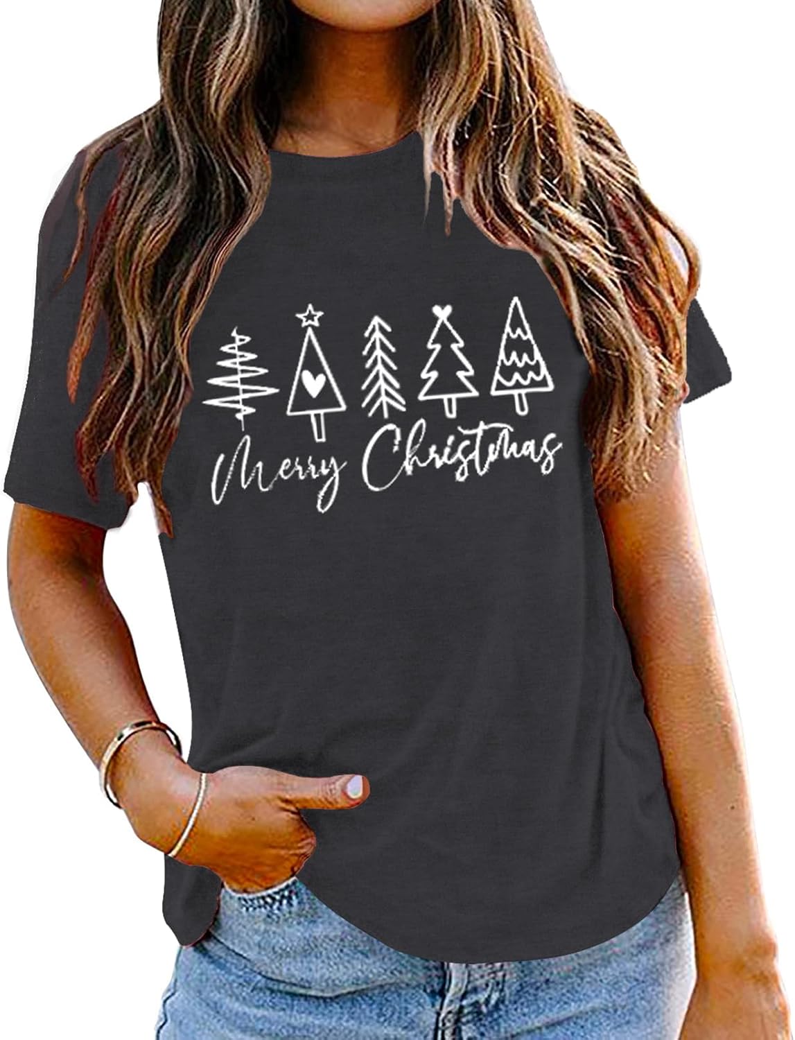 Merry Christmas Tree Shirts for Women Christmas T Shirts Funny Xmas Gift Holiday Tshirt Tops Grey - Image 2
