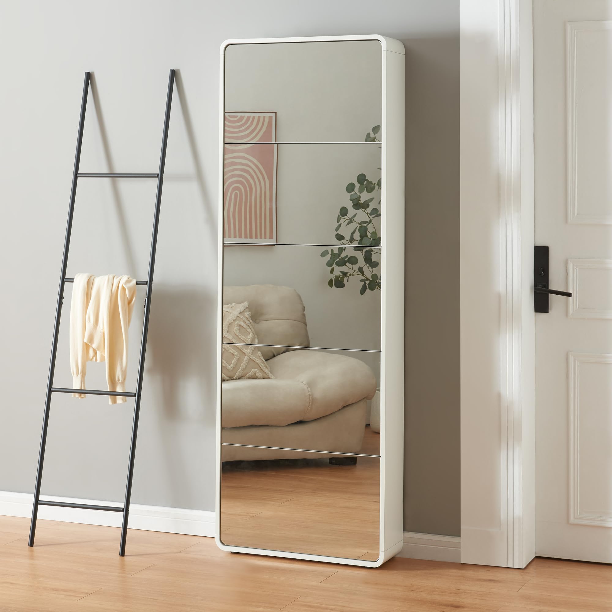 [en.casa] Armario Zapatero Aure con 5 Puertas Abatibles y Compartimentos Zapatero con Espejo para Entrada Recibidor Pasillo Vestidor 180 x 63 x 20 cm - Blanco