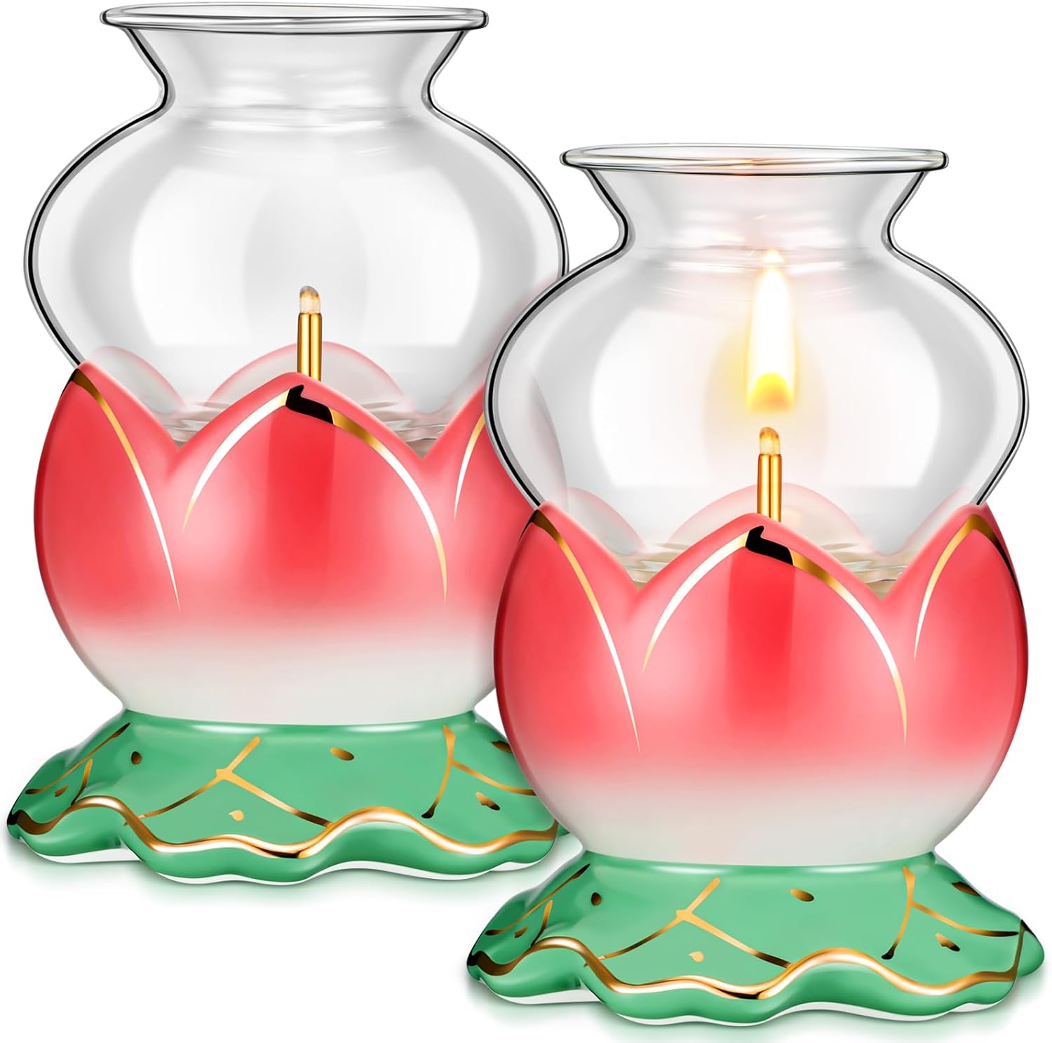 Yexiya 2 Pieces Rustic Oil Lamp Lantern Large Classic Kerosene Lamp Vintage Glass Kerosene Lamp Chamber Oil Lamps with 6.6 ft Extra Oil Lamp Wick for Indoor Use Home Decor Lighting (Lotus)