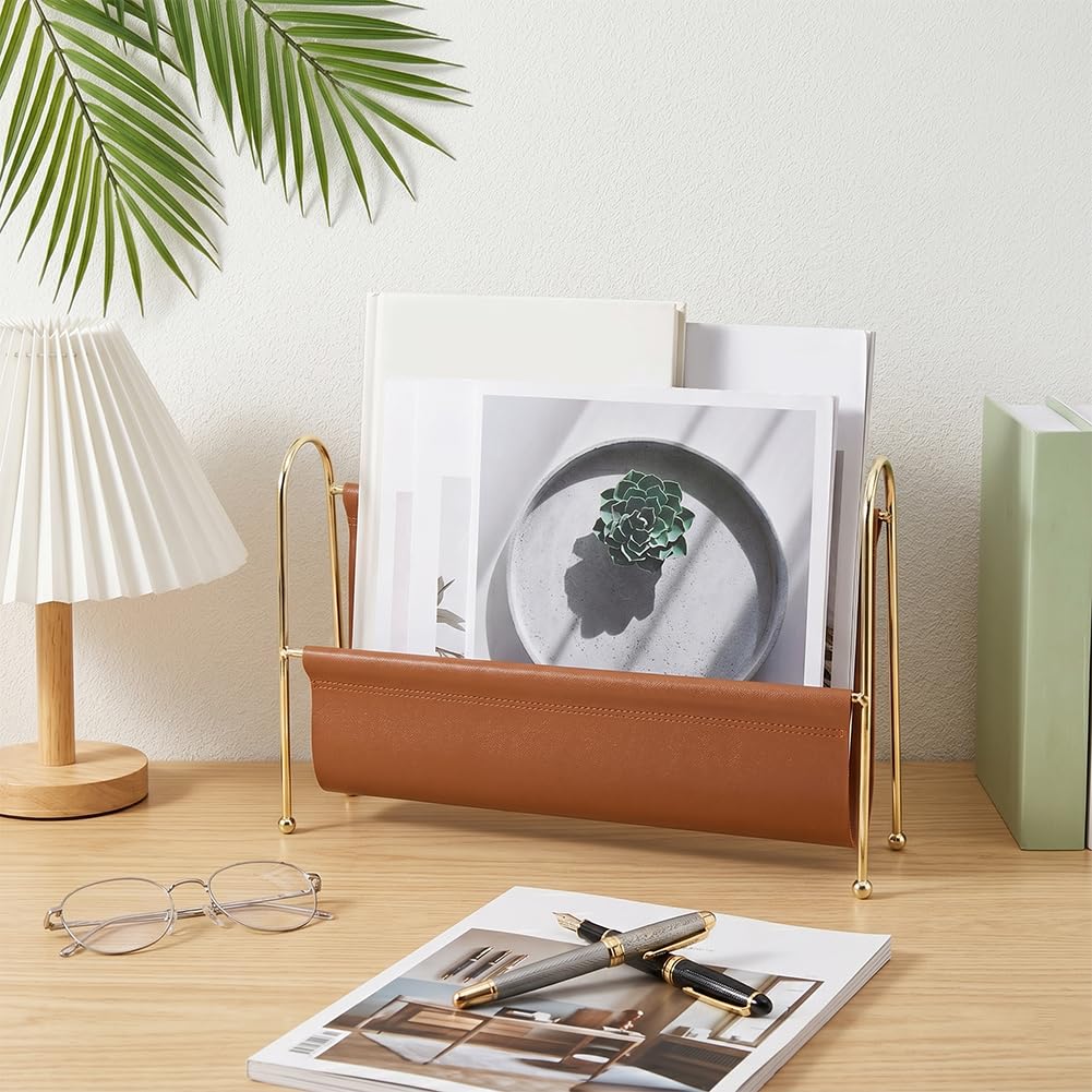 PH PandaHall Portariviste da scrivania, in pelle, organizer per giornali, portadocumenti, con filo metallico, per casa, ufficio, bagno, 34,9 x 9 x 22 cm