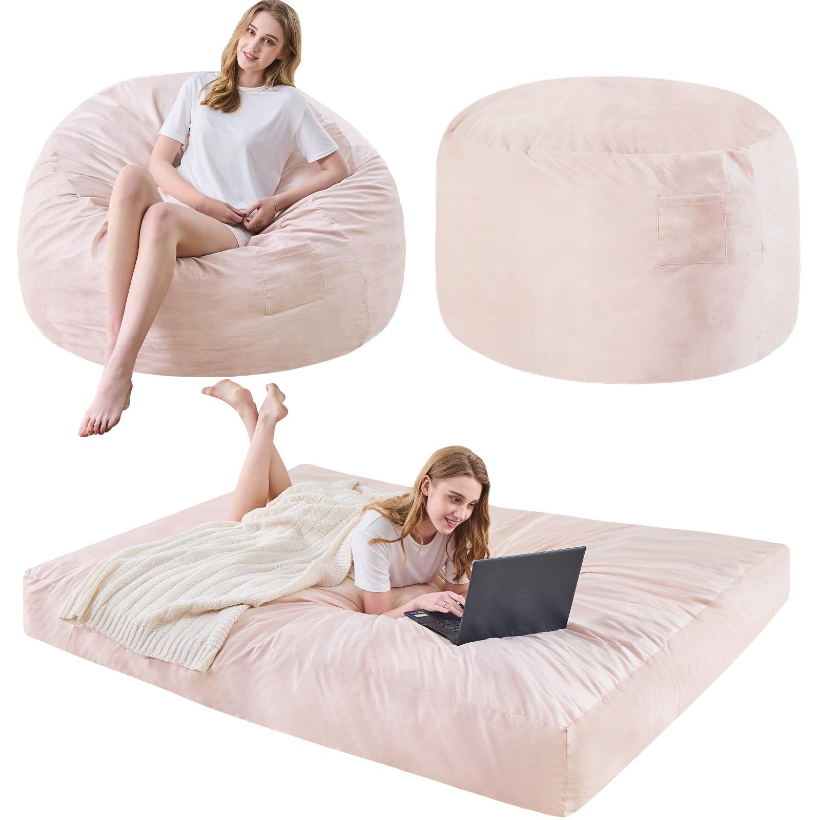Bean Bag Chairs for Adults - Giant Bean Bag Chair Convertible Bean Bag Bed - Beanbag Chair with Micro Fiber Cover/Furniture Foam Filler - Floor Couch