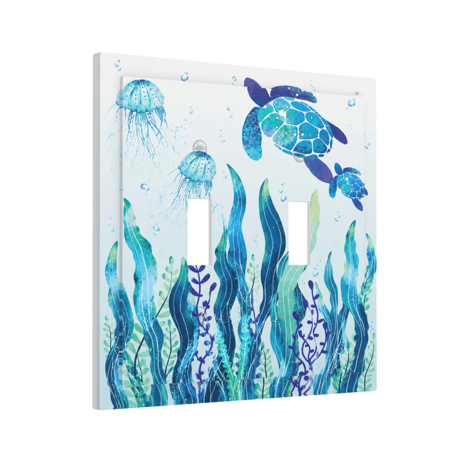 Xuejiaku Decorative Light Switch Cover Plate Teal Sea Turtle Jellyfish Seaweed Underwater Ocean 2 Gang Outlet Covers Double Toggle Wall Plates Switch Plate Covers Faceplate for Bedroom Home Decor