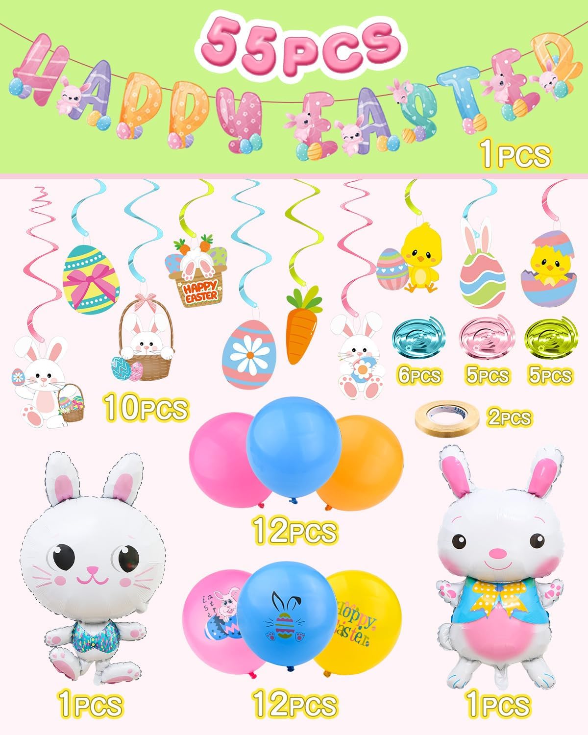 55PCS Easter Party Decorations Happy Easter Balloons Banner Kits Bunny Egg Hanging Swirl Decorations for Party Supplies