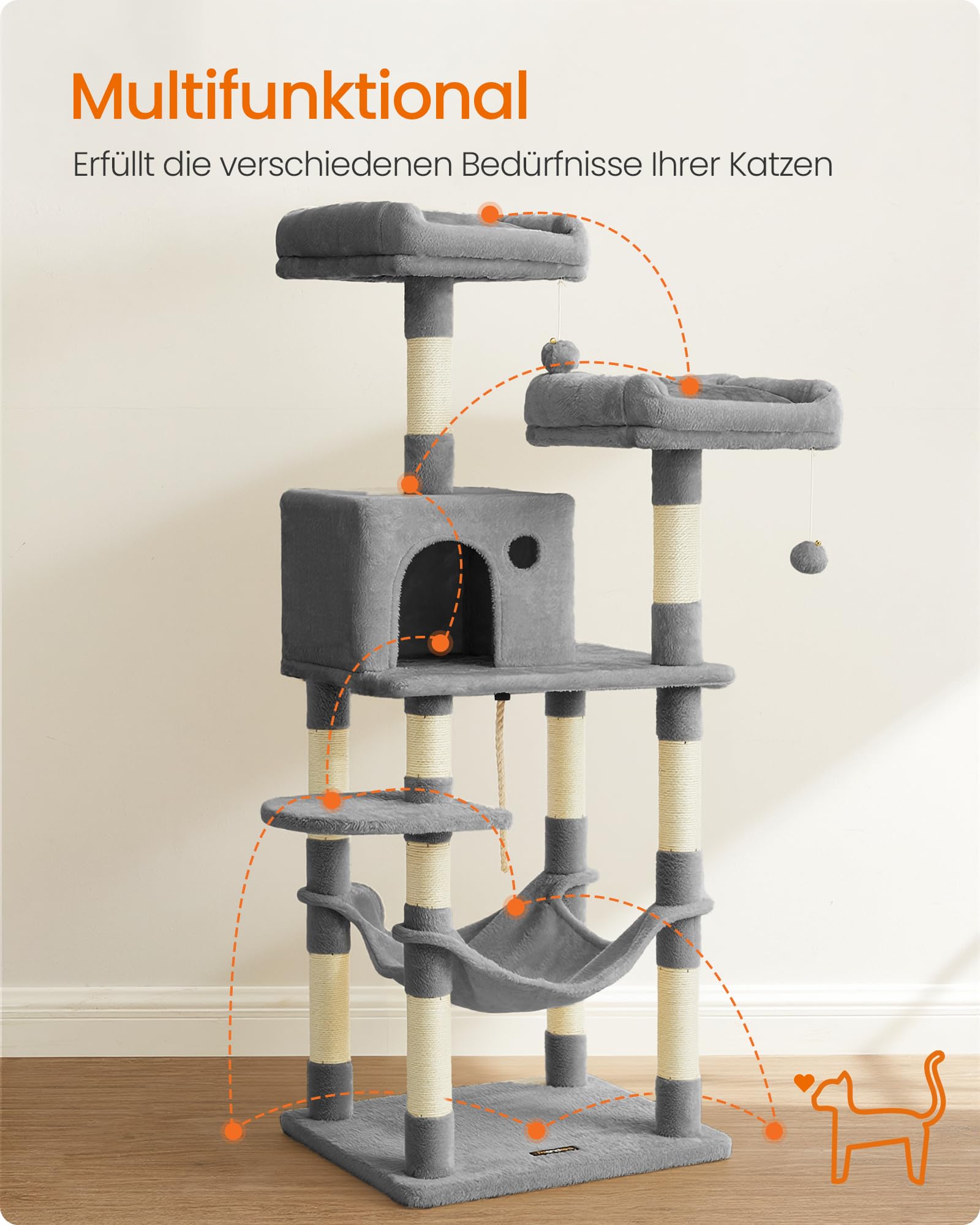 Feandrea Kratzbaum, 141.8 cm hoch, Katzenbaum mit 11 Kratzsäulen, 2 Plattformen, 1 Katzenhöhle, 1 Hängematte, 2 Plüschbällen, Plüsch, mehrstöckiges Design, hellgrau PCT15W
