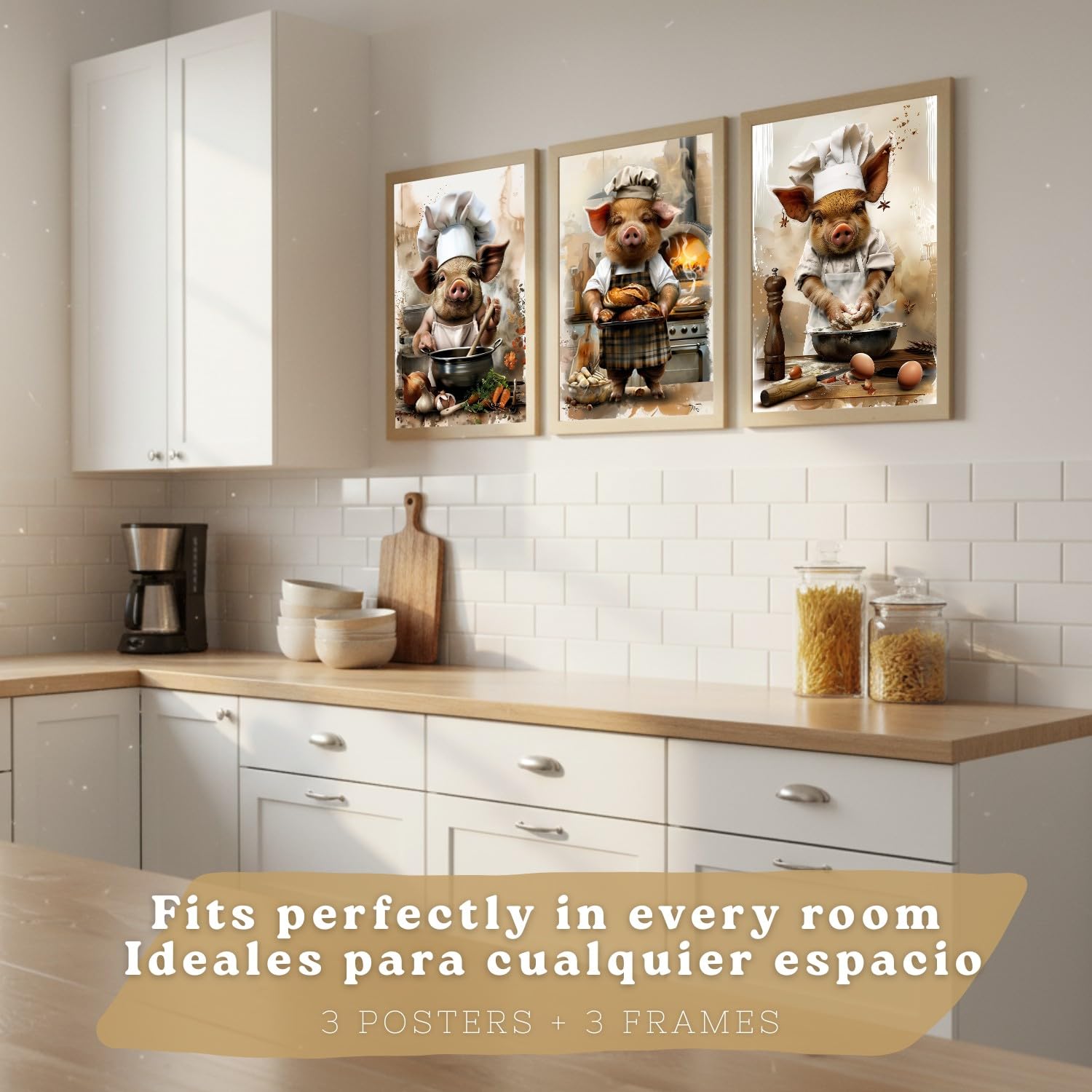 Nacnic Lot De 3 Affiches Cochon Boulanger Tableaux Animal Chef Pétrit Pain Illustration Déco Cuisine Murale A3 Cadre En Bois Léger