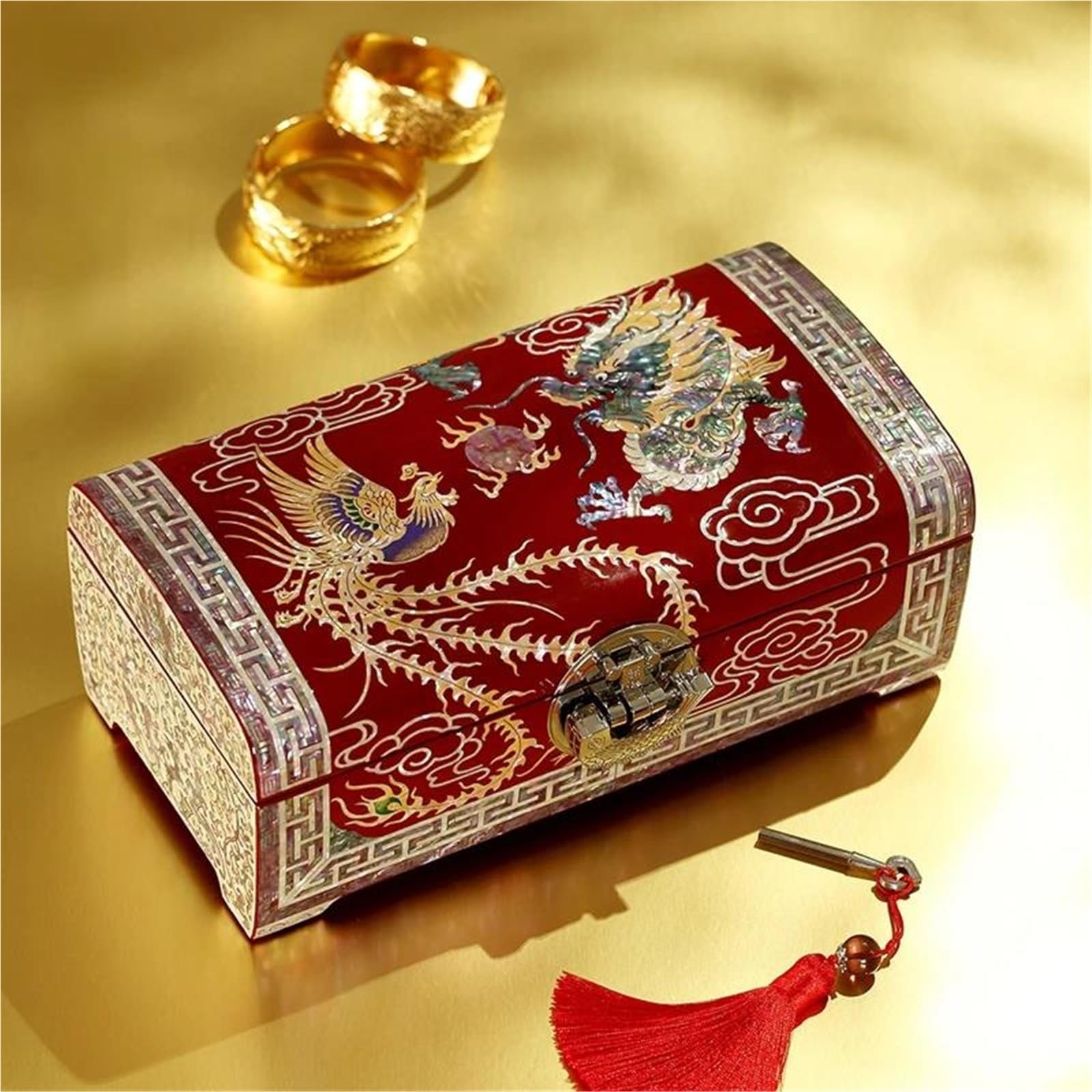 Pudełko do przechowywania biżuterii vintage zamykany drewniany organizer z wkładką z masy perłowej na ślub - 22 x 12 x 32 cm