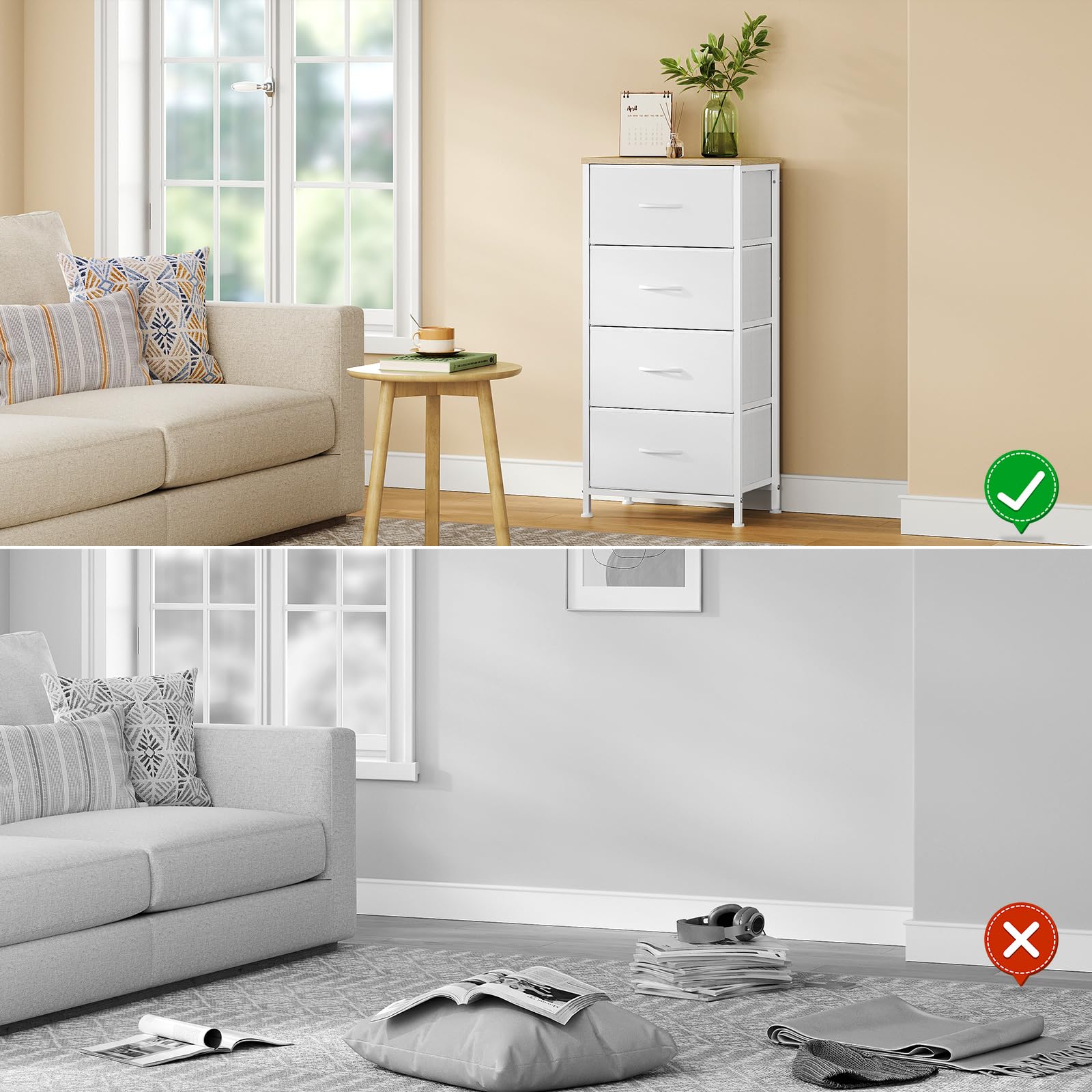WOLTU Cajonera de Tela, Cómoda 4 Cajones, Armario con Cajas, Organizador de Juguetes, para Dormitorio, Salon y Habitación Infantil, Marco de Metal, Blanco, SSK011ws