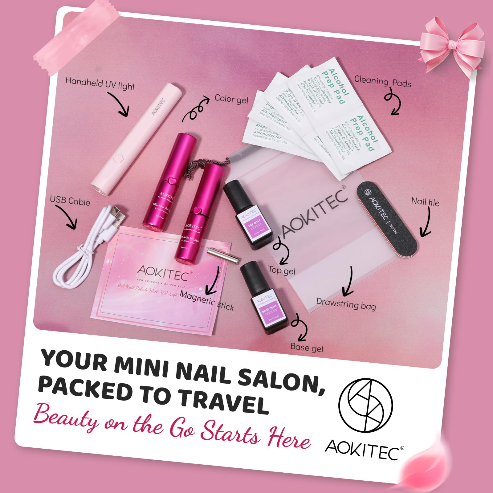 Aokitec Gel Nail Polish Starter Kit: Nudes & Sliver Cat Eye Gel Nails with UV Lamp & Base & Top Coat, DIY Travel Salon Set - Image 2