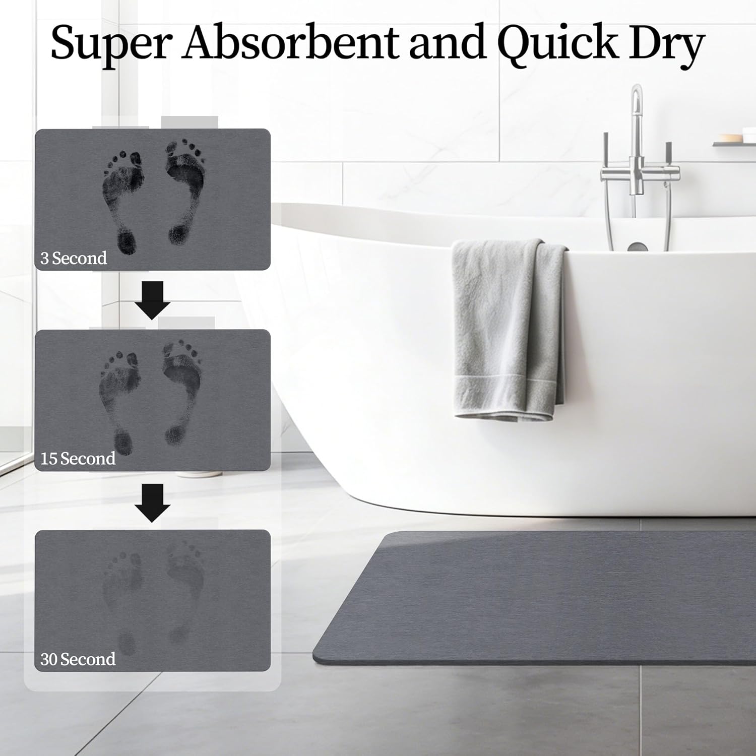 Dark Gray Stone Bath Mat with Rubber Bottom, 24''x16'' Diatomaceous Earth Shower Mat, Non Slip, Super Absorbent, Self-Quick-Drying, Easy to Clean for Bathroom/Ktichen - Image 2