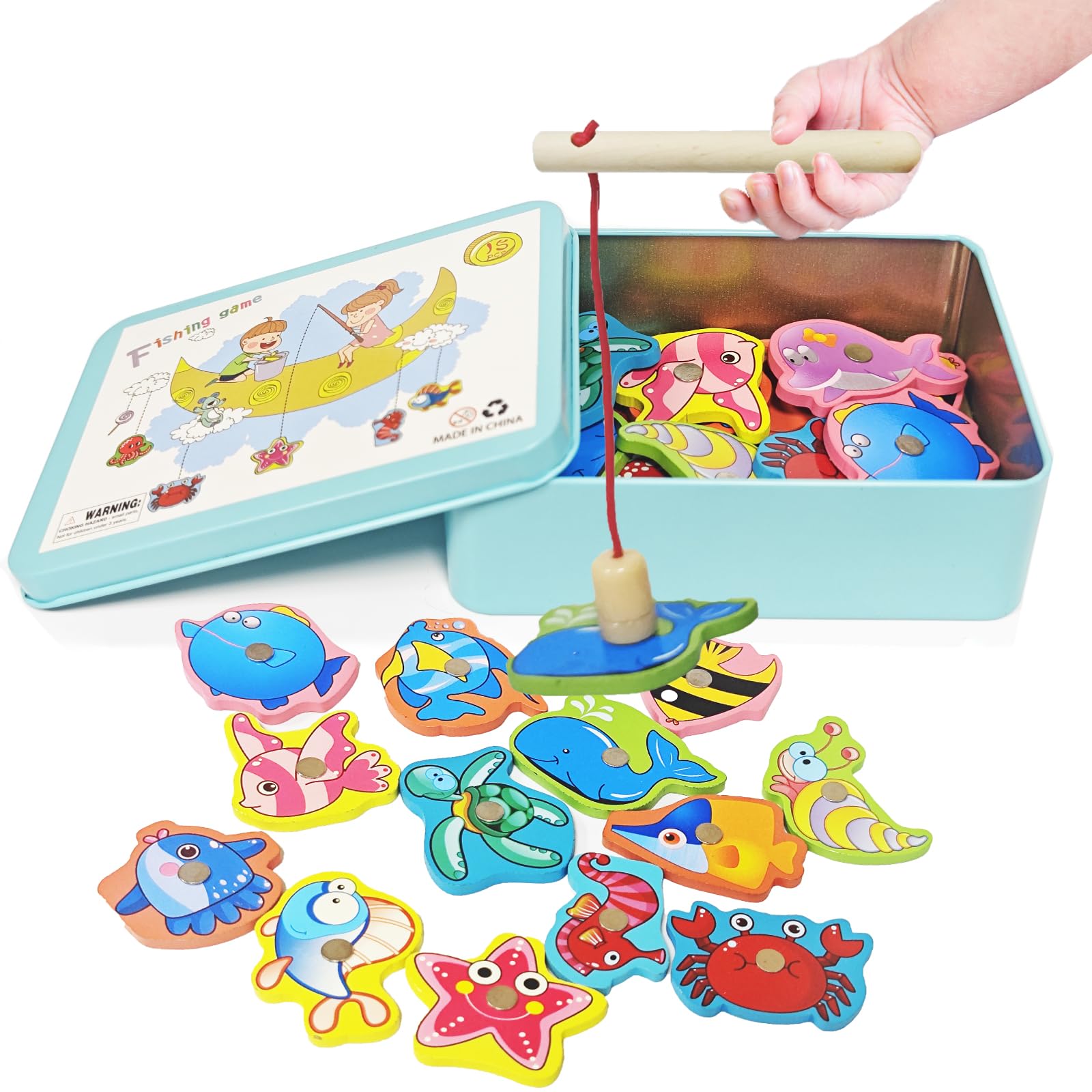 Juego De Pesca Magnética Montessori De Madera – 15 Animales Y Caña Imantada, Estuche Incluido, Juguete Educativo Para Coordinación Y Motricidad