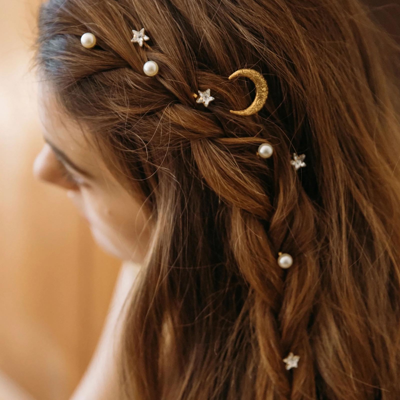 Inateannal Rhinestone Moon Star Hair Clips Gold Pearl Star Moon Hairclip Sets Bridal Pearl Hair Bobby Pins Wedding Decorative Bobby Pins Prom Hair Accessories 5pcs