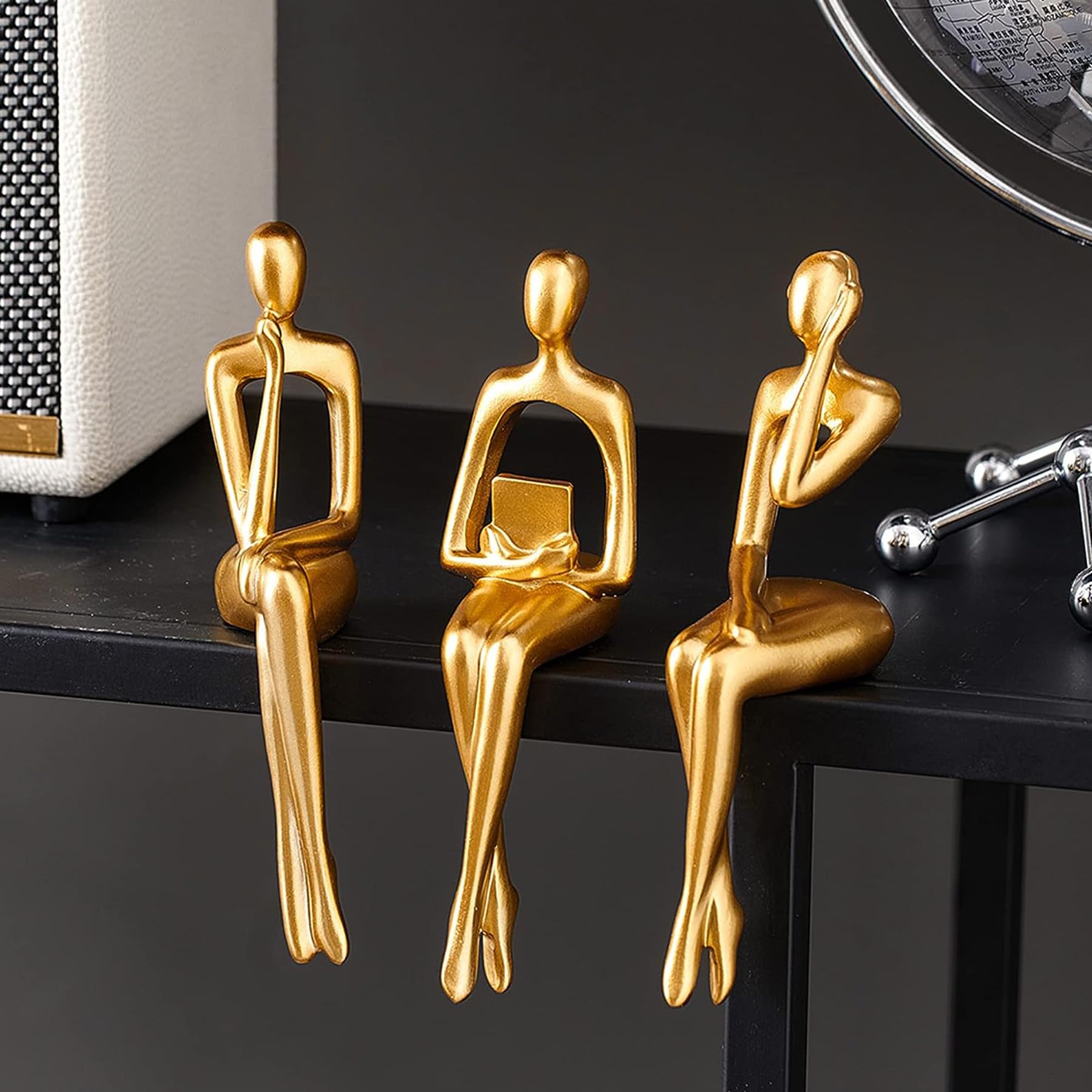 3 Pcs Gold Decor Accents Thinker Statues for Home Decor, Gold Table Decor, Bookshelf Decorative Objects, Collectible Figurines for Office Living Room Desktop Decor (Gold)