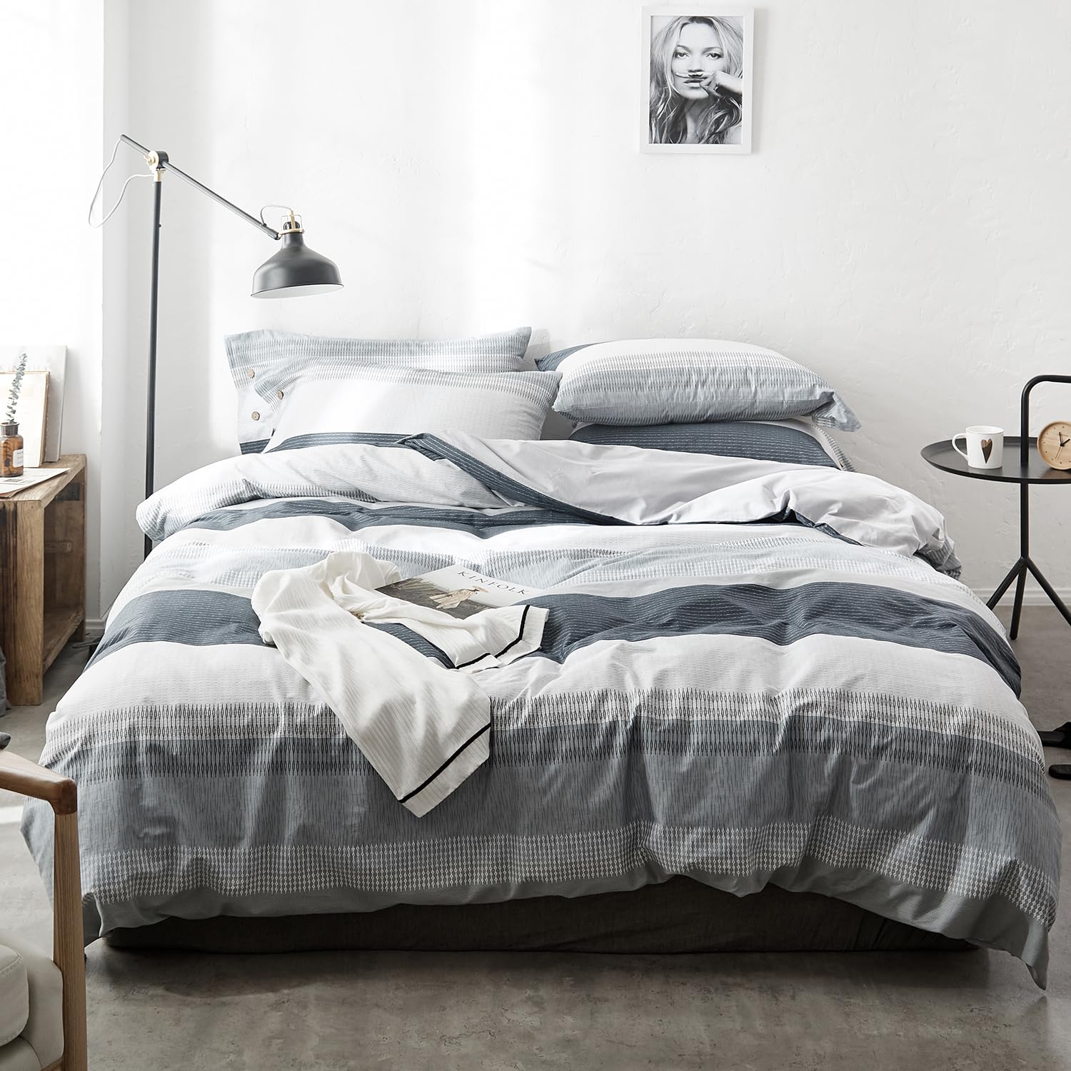 mixinni Geometric Striped Duvet Cover Set - 100% Natural Cotton, Grey &amp; White Stripes, Full Size, 3-Piece Bedding Set with Zipper Closure
