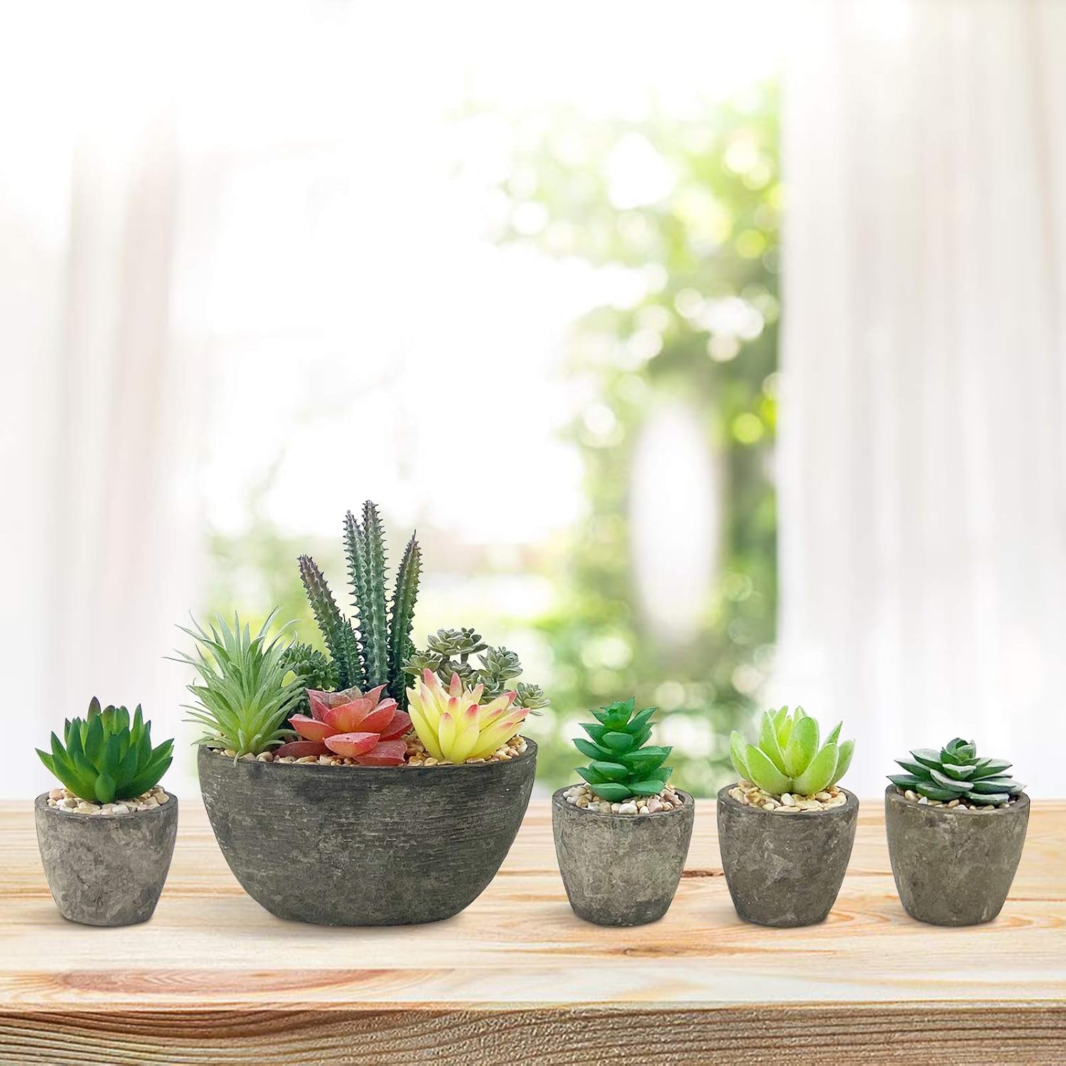 Succulents Plants Artificial Set of 5, Realistic Fake Succulents with Cement Like Pots for Home Office Decoration. - Image 8