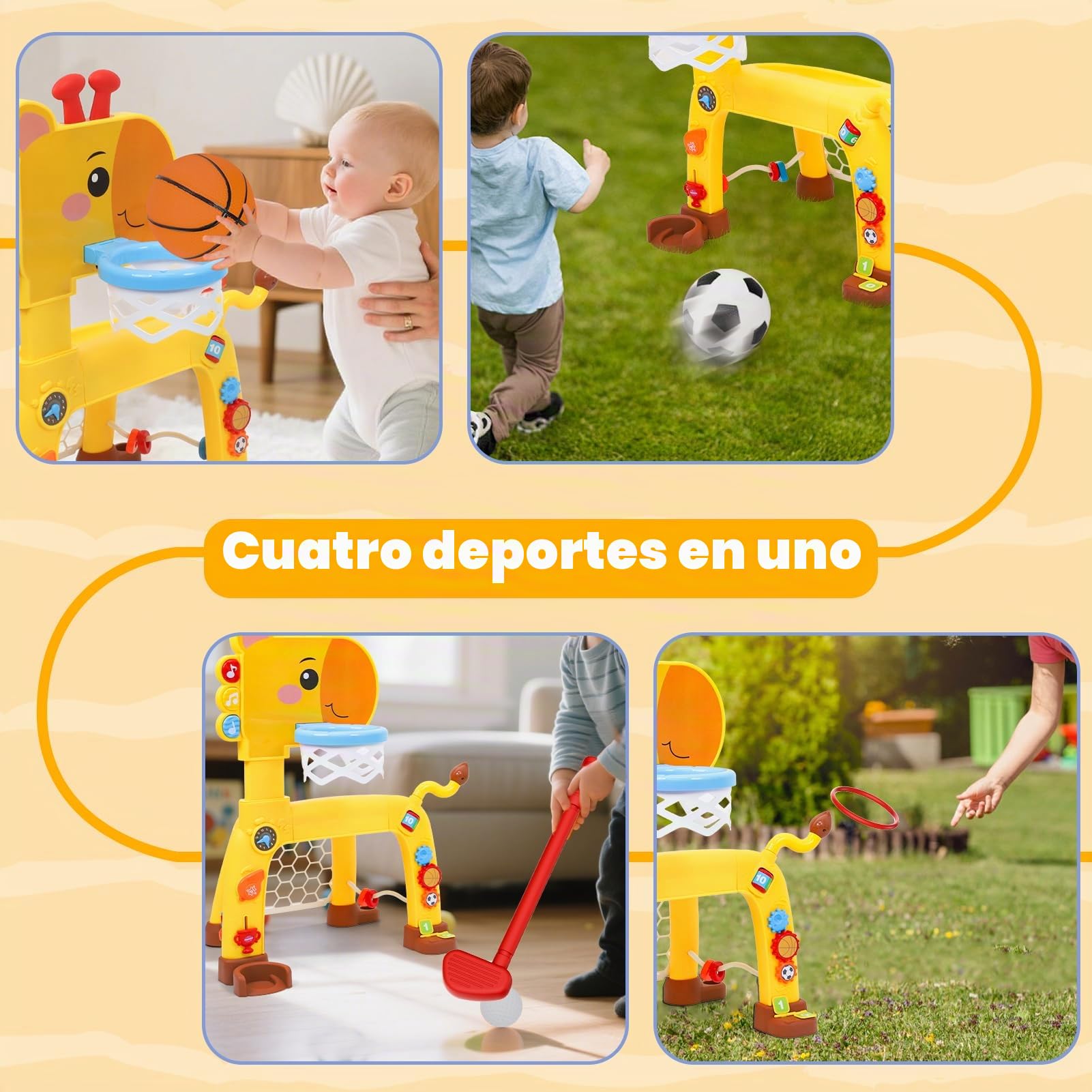 Wdmiya Centro Deportivo 4 en 1 para Niños, Centro de Deportes con Baloncesto, Fútbol, Lanzamiento del Anillo, Golf y Musical,Canastas Baloncesto Infantiles Actividad con Altura Ajustable