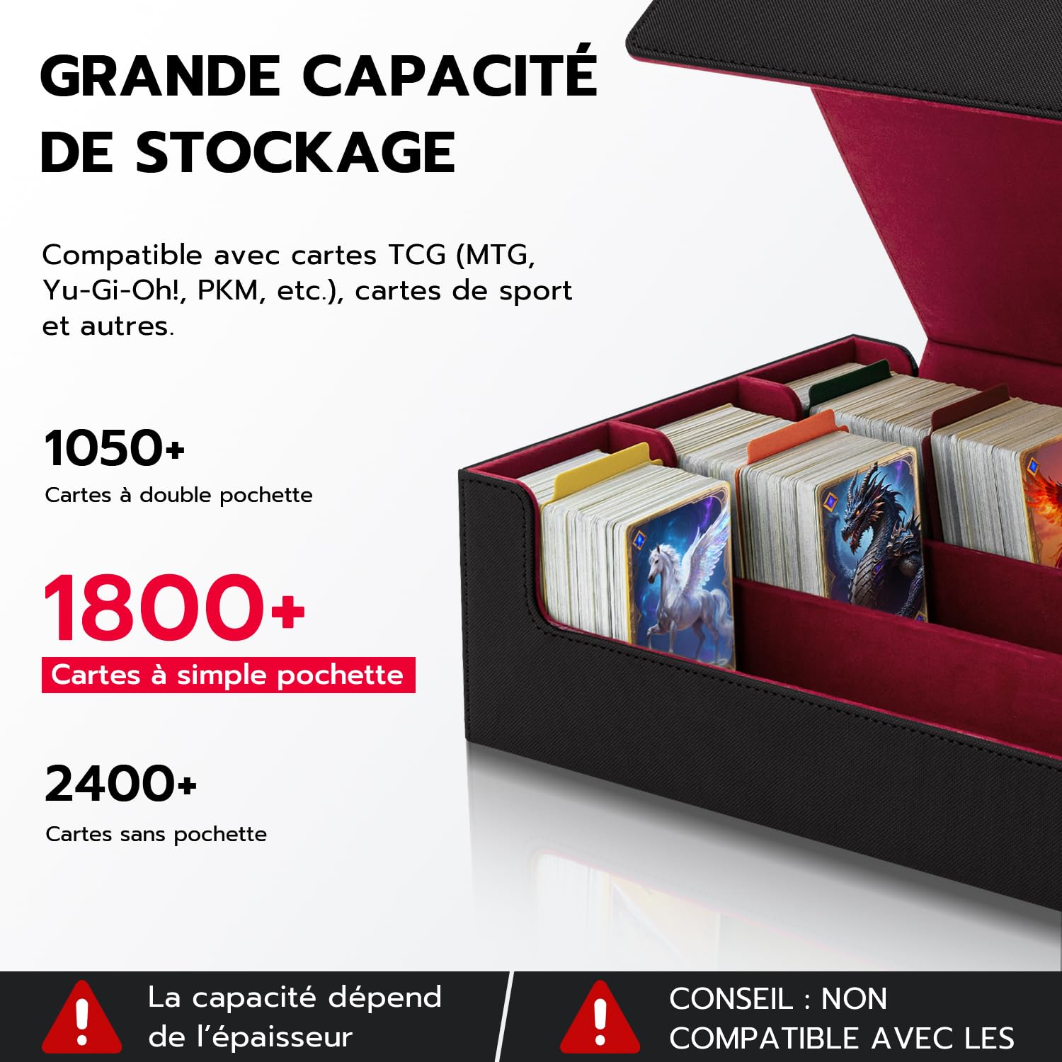 Boîte de Rangement Cartes pour MTG TCG, Capacité 1800+ Cartes avec 8 Séparateurs, Boîtier Magnétique en Cuir PU pour Magic The Gathering (MTG), Yu-Gi-Oh - Noir & Rouge - 2