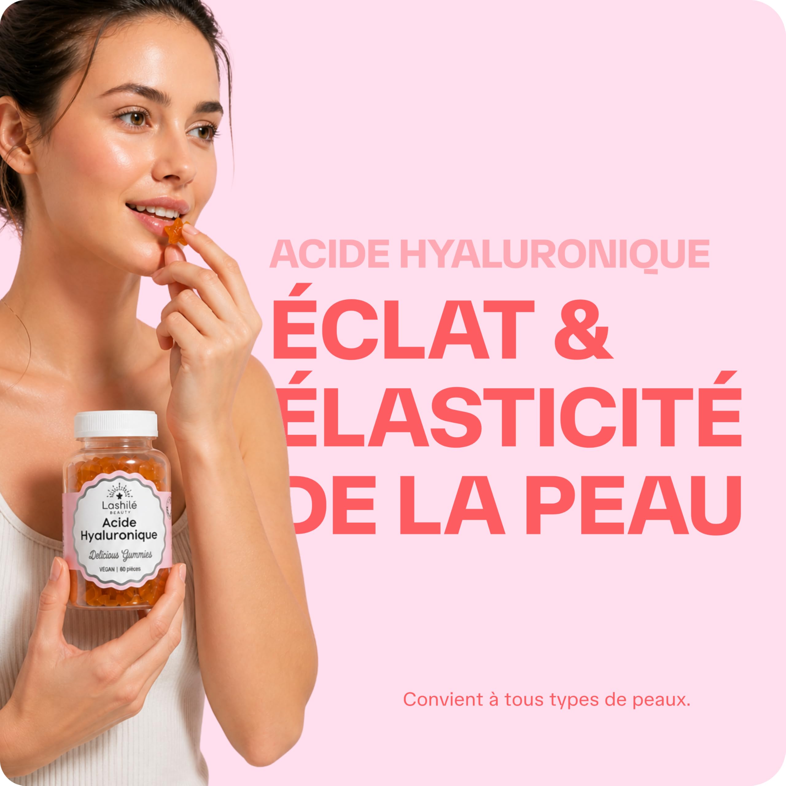 Lashilé Beauty - Complément Alimentaire - Favoriser l'éclat et l'élasticité de la peau - Mono Ingredient - Acide Hyaluronique - Made in France - Cure 3 Mois 180 Gummies