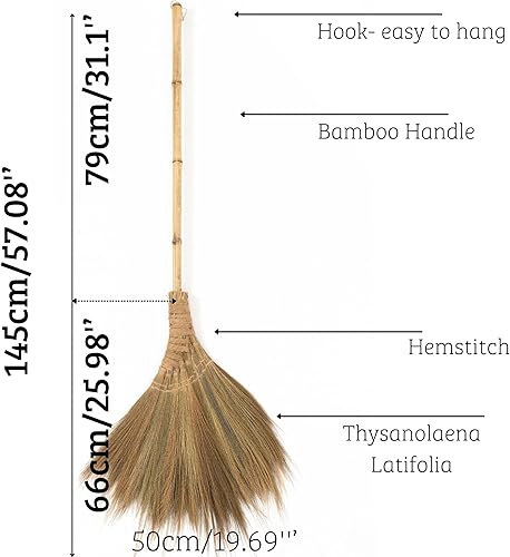 Miniatura 2 de Escoba suave vietnamita natural, escoba hecha a mano, escoba de bruja de bambú, 57.08 pulgadas de largo, 19.69 pulgadas de ancho