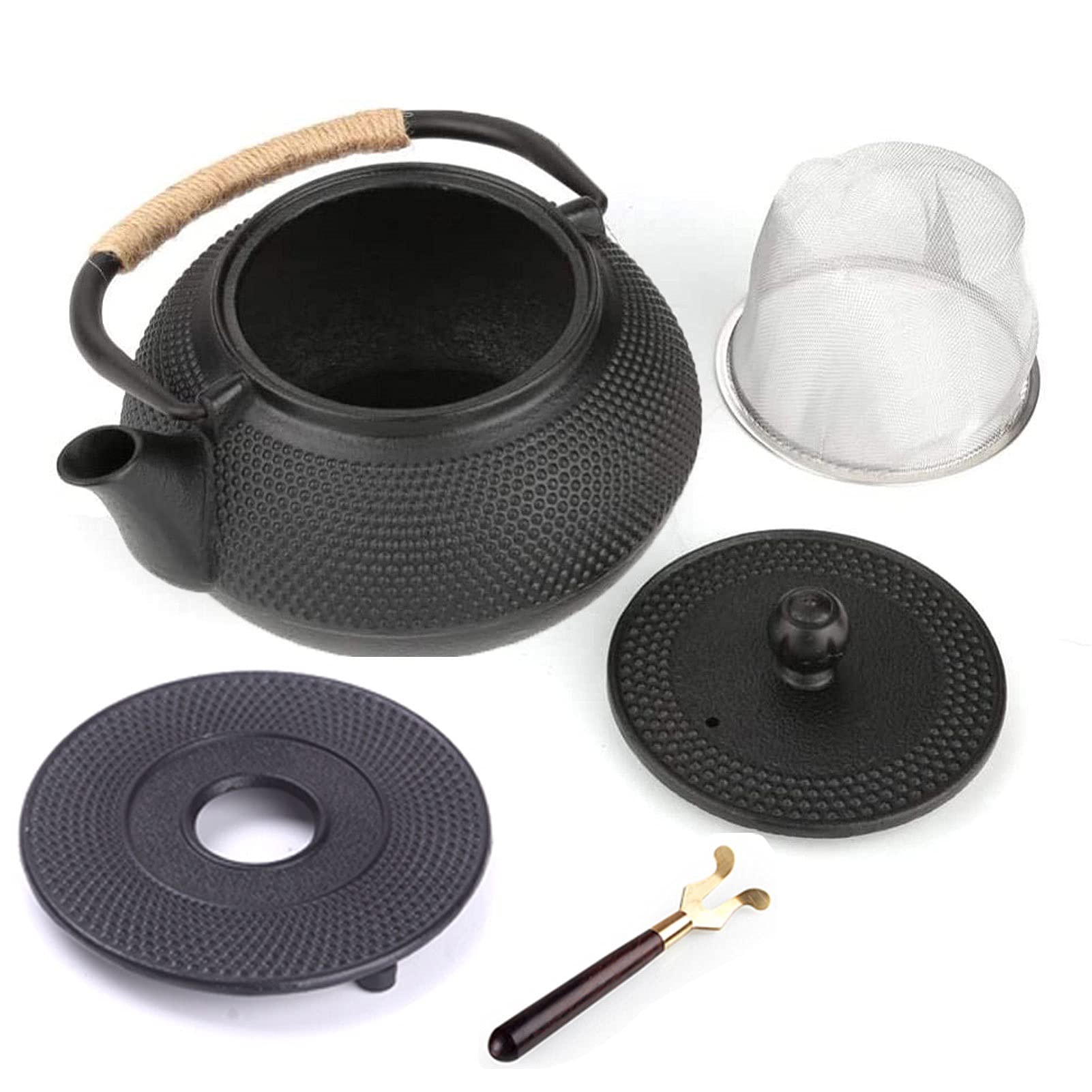 Juego de tetera de hierro fundido con infusor de estilo japonés suelto con colador, calentador, salvamanteles y tenedor de clip de té con mango de madera