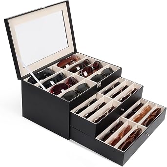 Sunglasses Glasses Storage Organizer Case with 32 Adjustable Slots, 3 Layer Multi Eyeglass Display Box with Lid Women