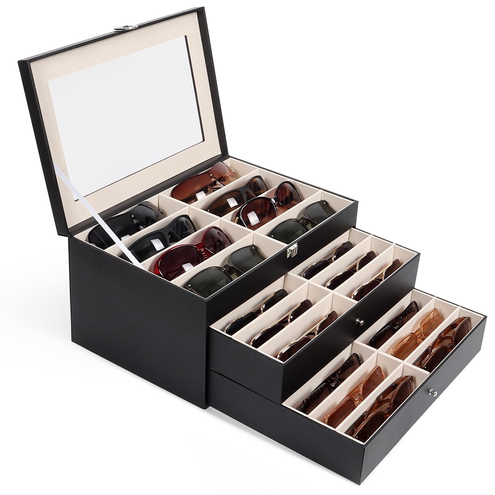 Sonnenbrillen-Aufbewahrungsbox mit 32 verstellbaren Schlitzen, 3-lagig, Multi-Brillenbox mit Deckel für Damen
