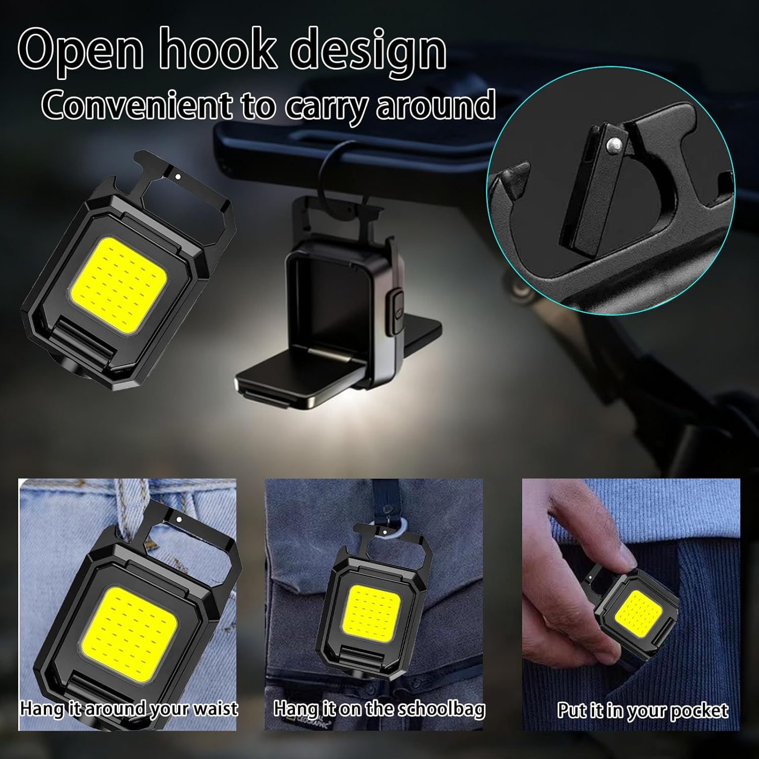 2-Sided Lighting Cob Keychain Work Light EDC Rechargeable Foldable Keychain Flashlight with Bottle Opener for Camping, Car Repair, Hiking, Power Outrage, Pet Walking, Emergency.