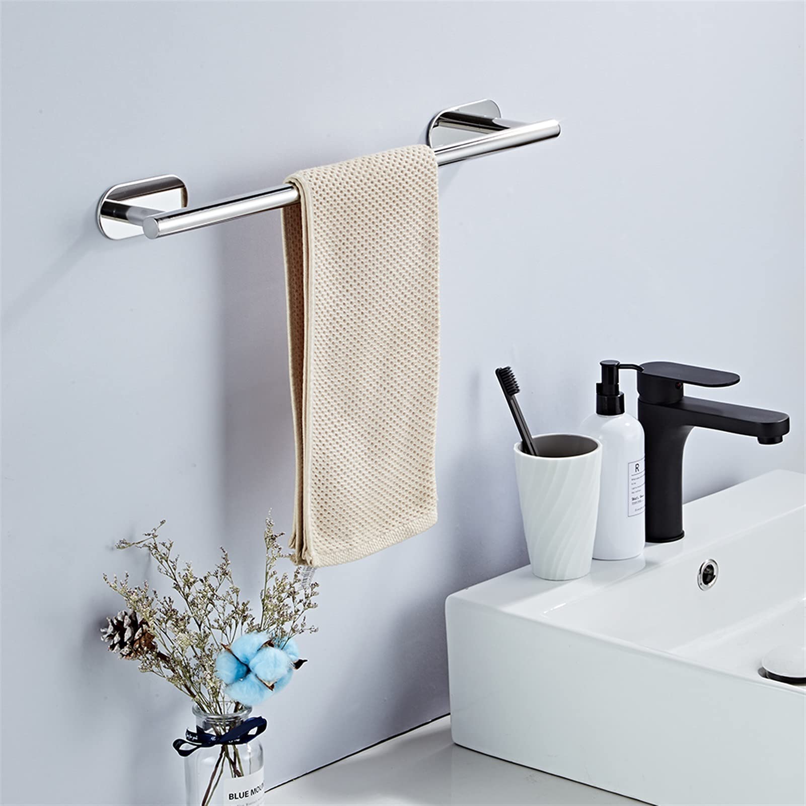 Toallero de pared de acero inoxidable con estante autoadhesivo para colgar en la cocina y el baño, color plateado