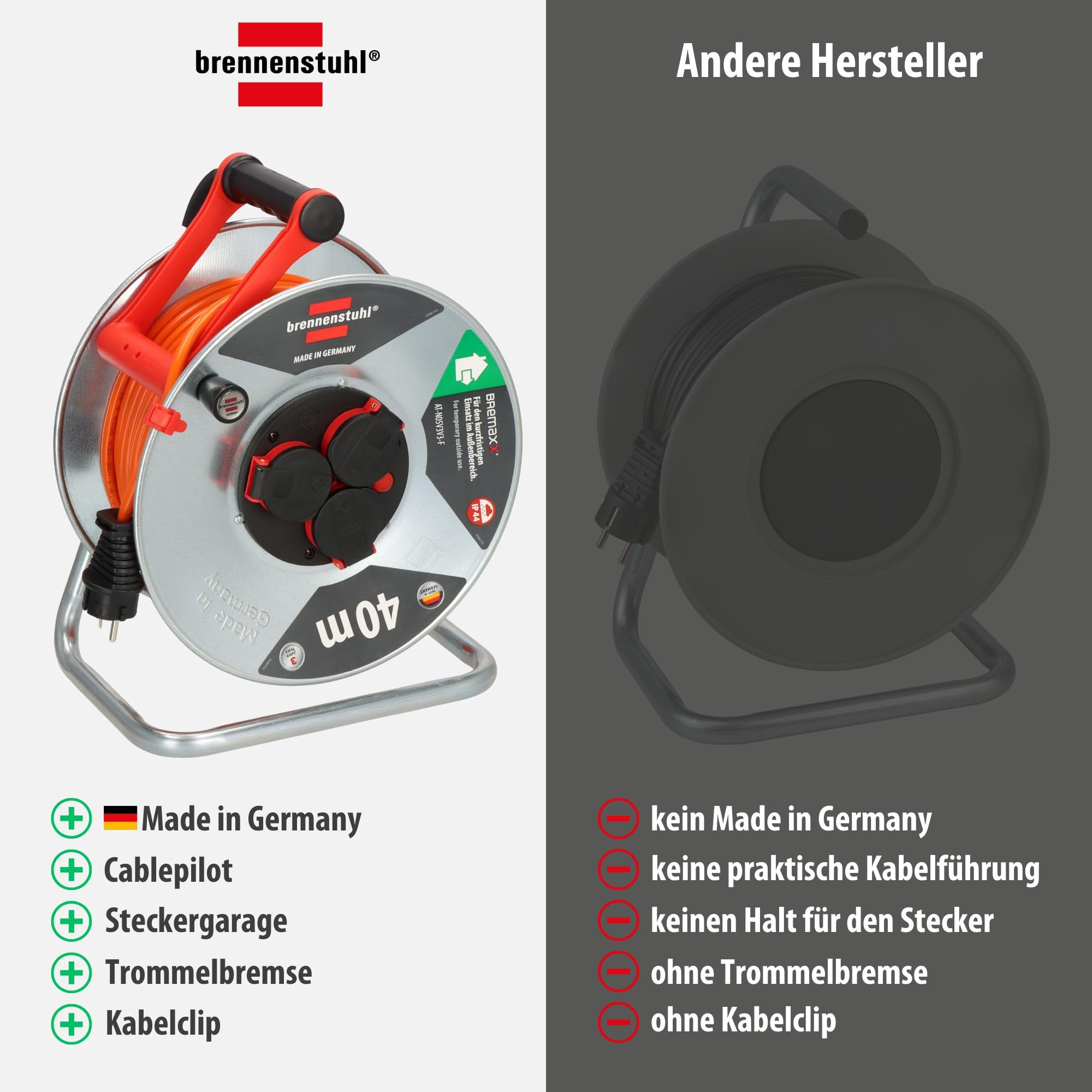 Brennenstuhl Garant S V2 IP44 Kabeltrommel 40m outdoor (Made in Germany, Kabel in Signalfarbe orange, aus Stahlblech, kurzfristiger Einsatz im Außenbereich)