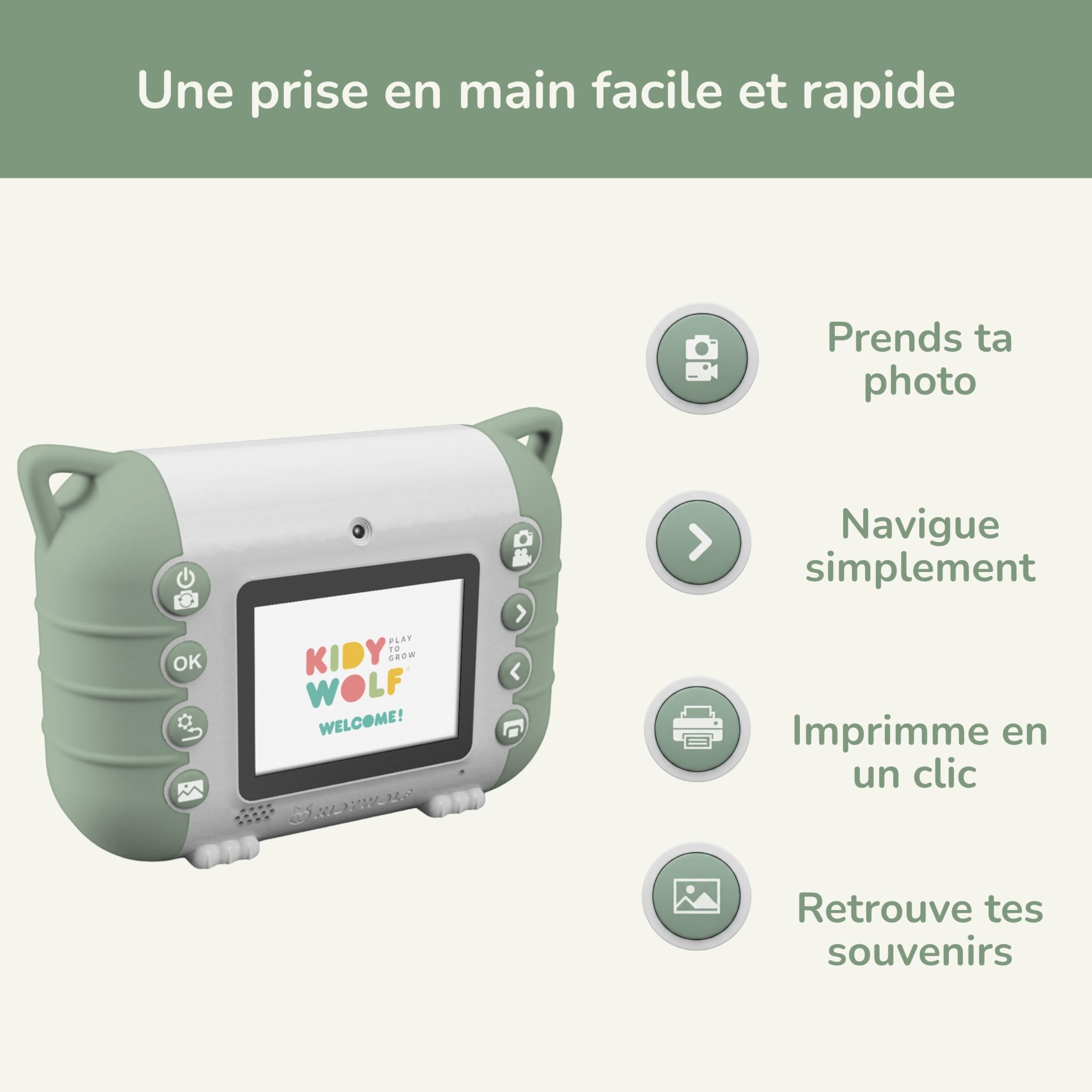 KIDYWOLF Kidyprint Vert – Appareil Photo Instantané Enfant avec Impression Thermique – Polaroid Ludique et Créatif pour Explorer, Capturer et Partager Ses Souvenirs