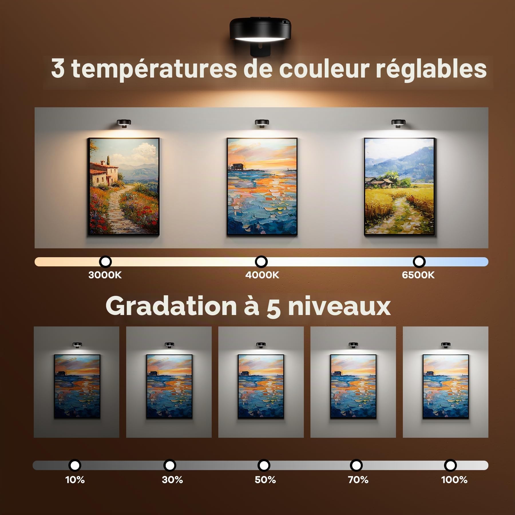 Lot de 3 lampes murales sans fil avec télécommande, éclairage magnétique sans fil avec 3 couleurs de lumière, luminosité et minuterie réglables, 2000 mAh, rechargeables, pour cadre photo, cible de