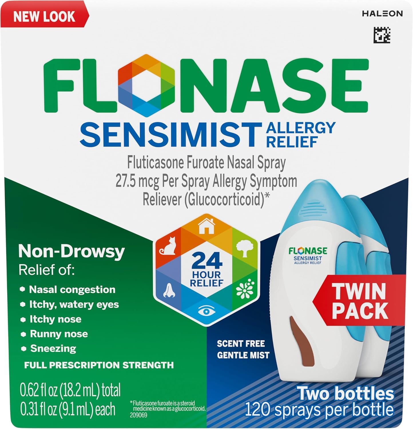 Flonase Sensimist Allergy Relief Nasal Spray, 120 Metered Spays, 0.54 fl oz (Pack of 2)