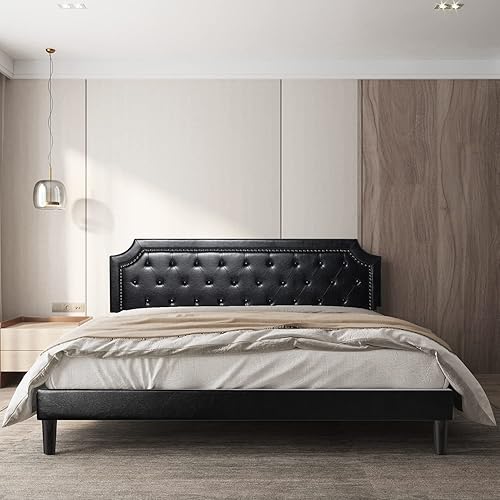 Miniatura 2 de BONSOIR Base de cama tapizada de perfil bajo con cabecera de piel sintética copetuda, no necesita somier, no necesita falda de cama (negro, tamaño