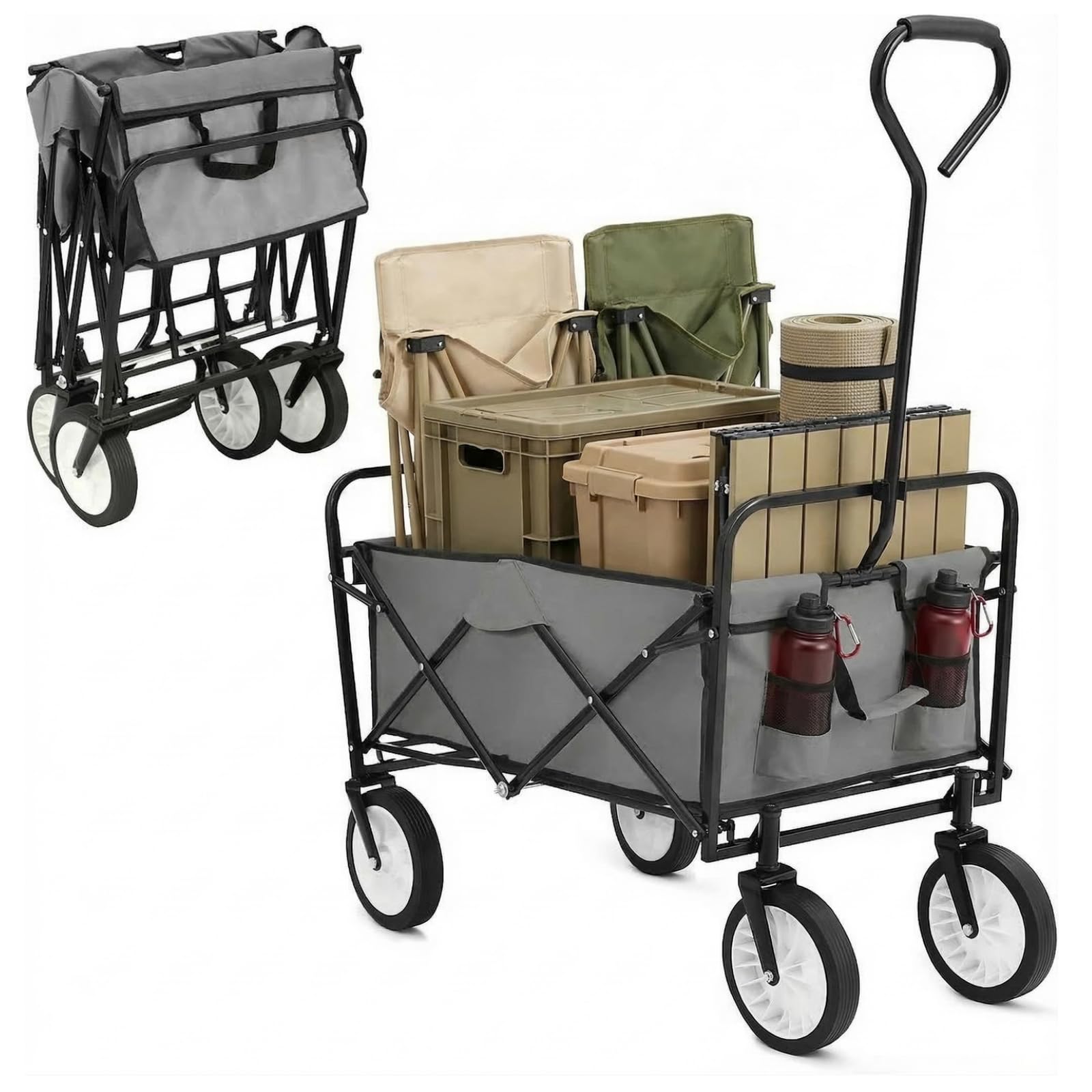 Carrello Pieghevole, 98L Carico Massimo 80 kg Carrello a Mano da Giardino, Carrello da Spiaggia, per Il Trasporto, con Tasca Laterale, per Attività All'aperto, Spiaggia, Campeggio, Grigio