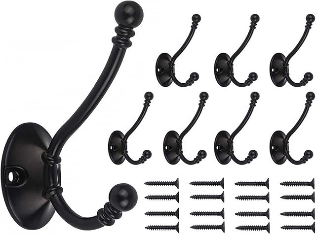 Beilala Large Coat Hooks for Door - 8 Pack Antique Heavy Duty Double Prong Bedroom Bathroom Hook Wall Mounted for Clothes, Robe, Towel, Hat, Bag, Key (Black)