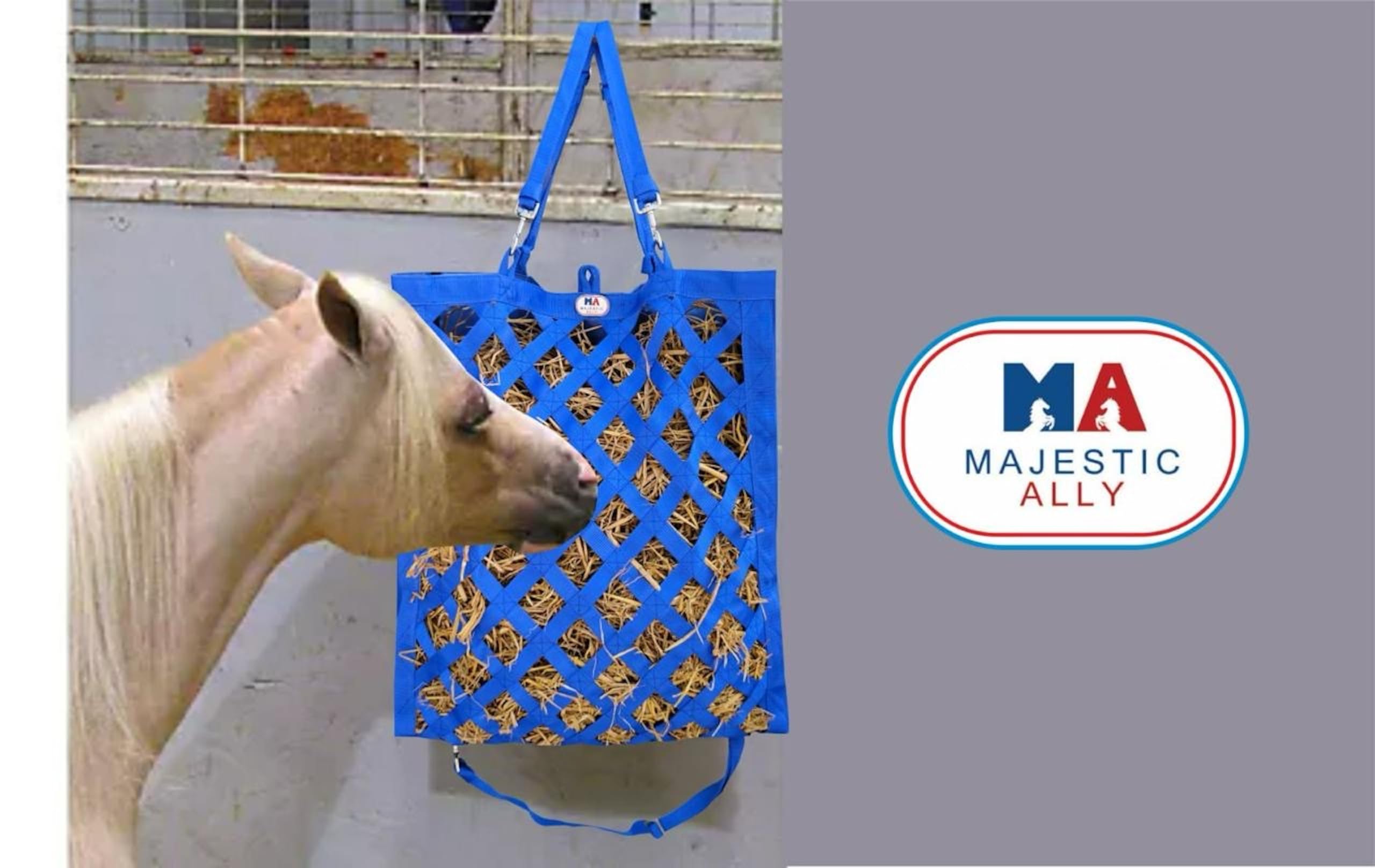 Majestic Ally Slow Feeder Hay Bag - Obliquely Placed Webbing on Front and Bottom- Royal Blue