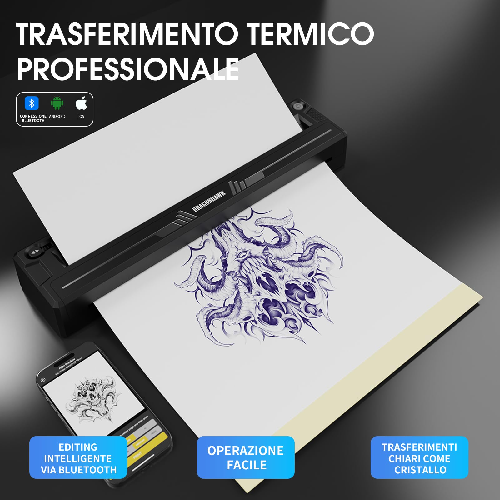 Dragonhawk A4 Stampante Termica Per Trasferelli Tatuaggi Senza Fili Portatile Compatibile Con Telefono Tablet PC Accessori Per Tatuatori Principianti e Professionisti