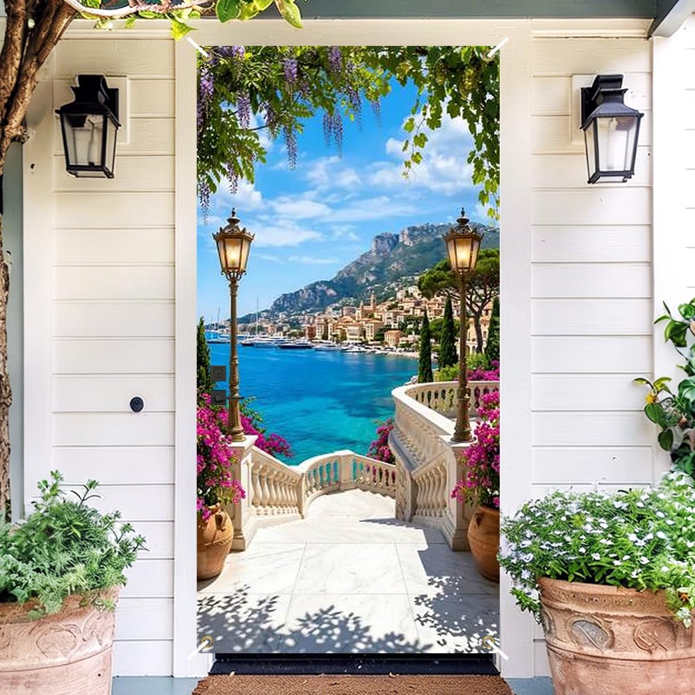 Mediterranean Italian Coastal Door Cover Front Door Banner