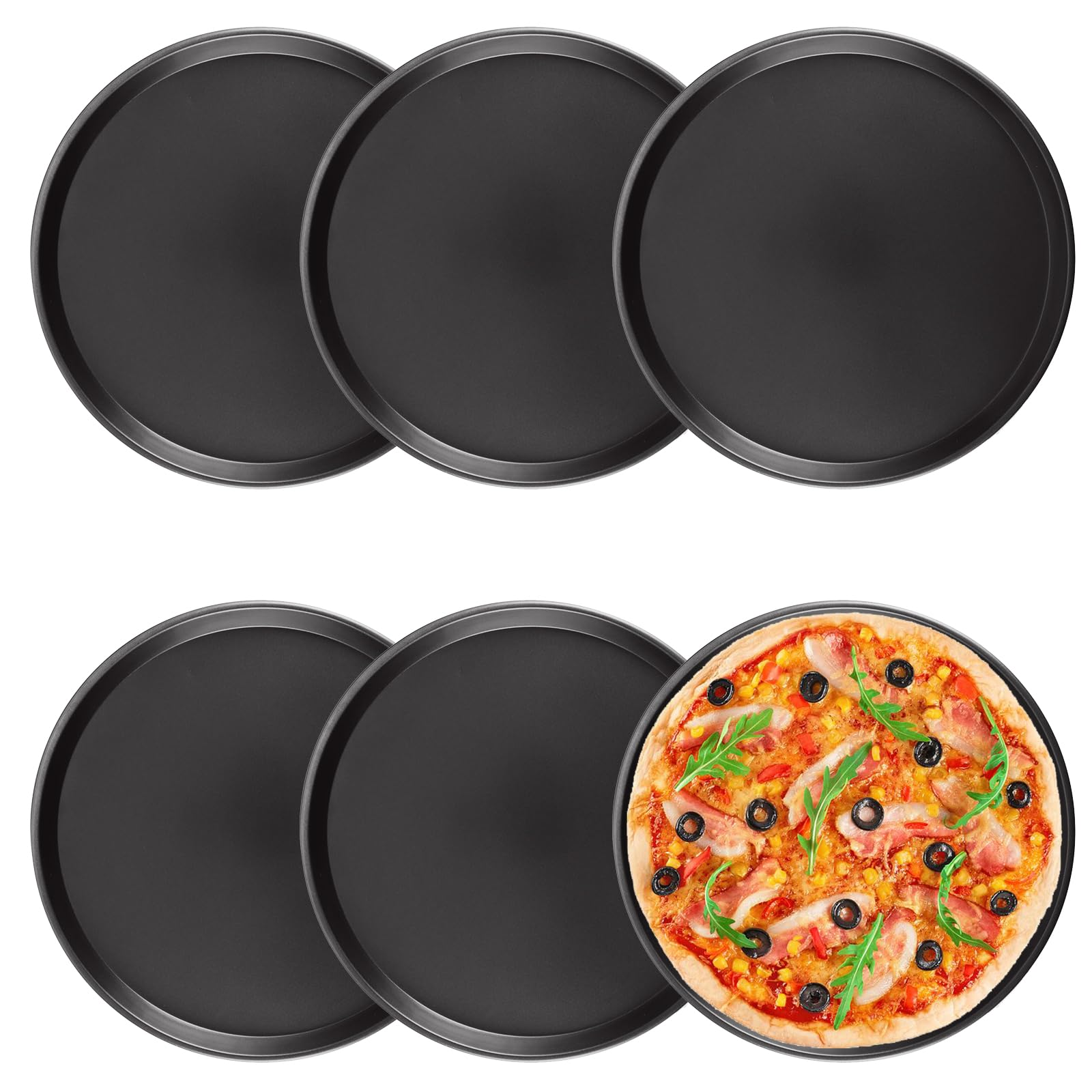 Lot de 6 plaques de cuisson à pizza rondes antiadhésives en acier inoxydable noir de 30,5 cm