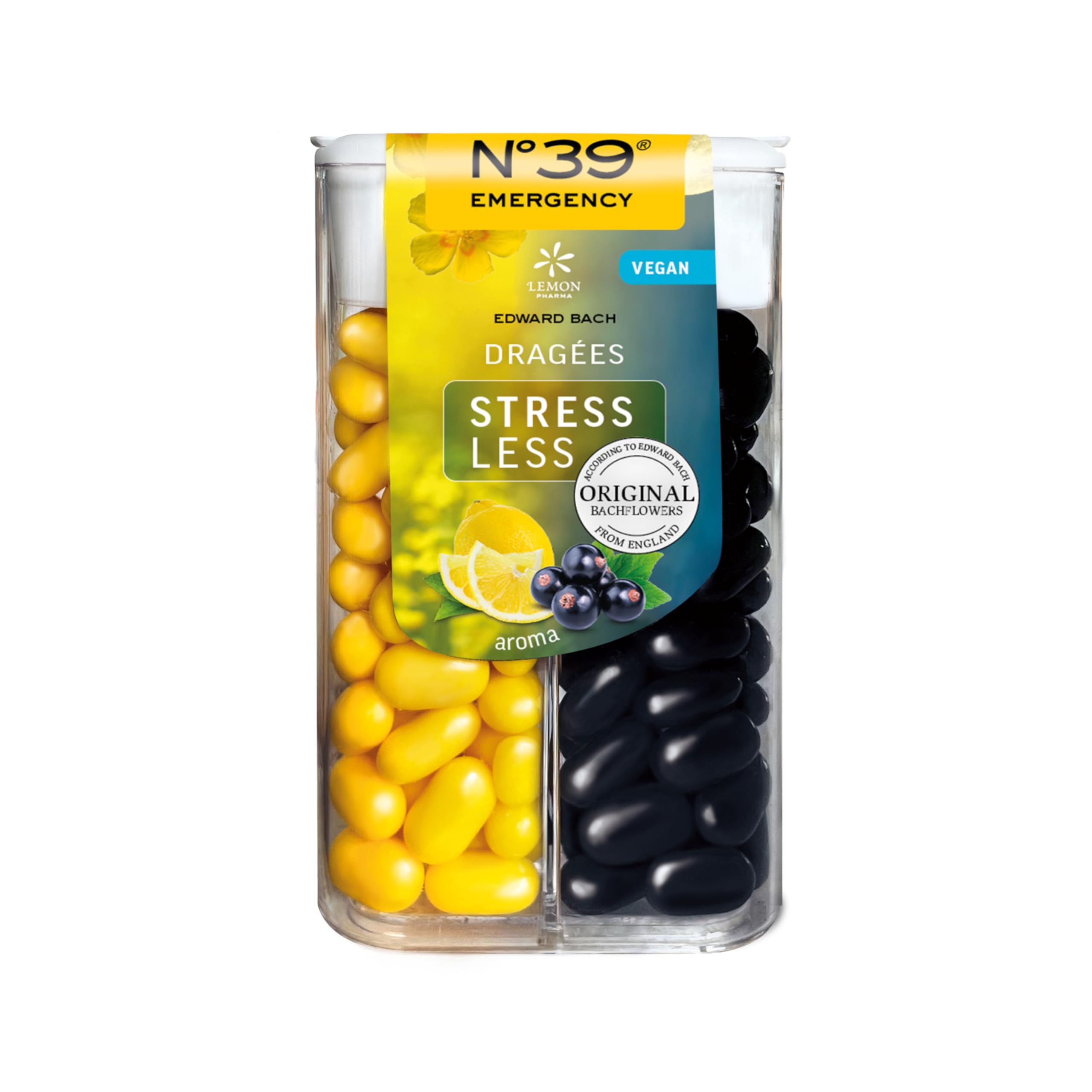 Lemon Pharma Dragées Jour & Nuit N°39 – Fleurs de Bach originales d'Angleterre – soutien émotionnel lors de nervosité, moments agités, examens ou journées stressantes – saveur cassis & citron – 44 g