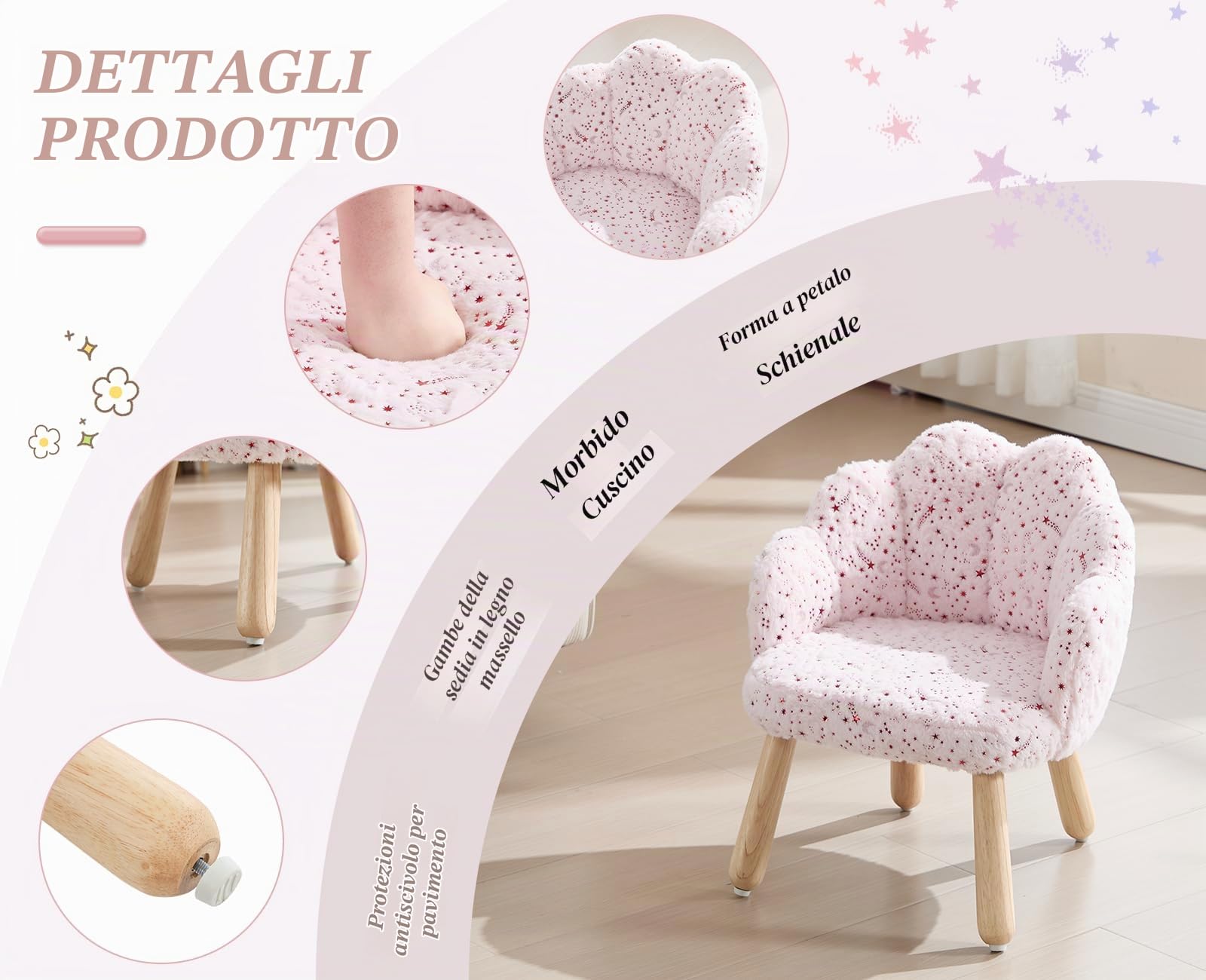 Sedia Carina per Bambini in Pelliccia Poltroncina per Bambini con Schienale a Petali Divanetto Bambino in Legno per Camera da Letto/Soggiorno/Sala Giochi, Rosa