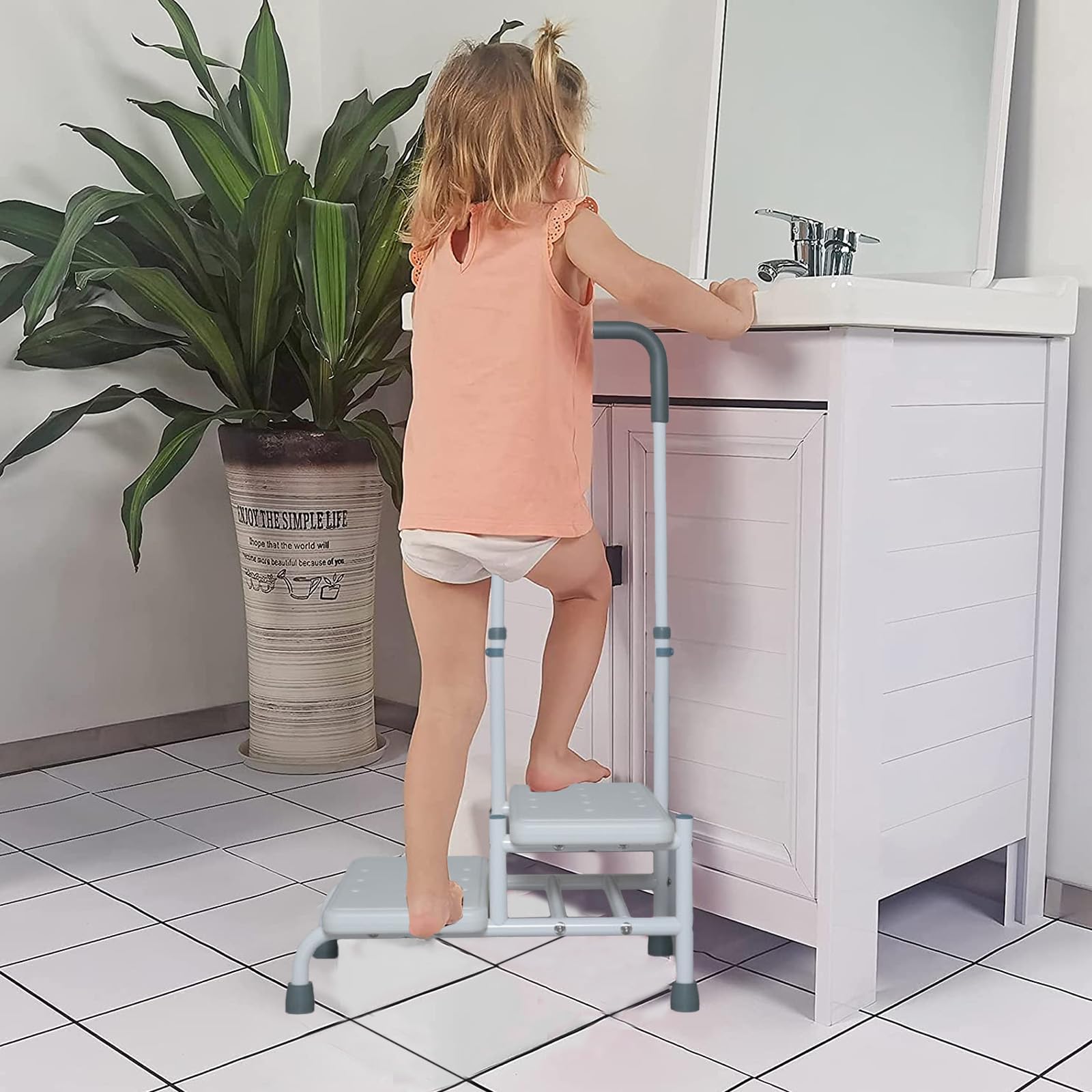 Marchepied avec Poignée pour Personnes âgées, Marche de Baignoire avec Poignée Maintien et 2 Marches, Hauteur Réglable, Marchepied pour Baignoire avec Poignée pour Chevet, Cuisine, Voiture, Baignoire