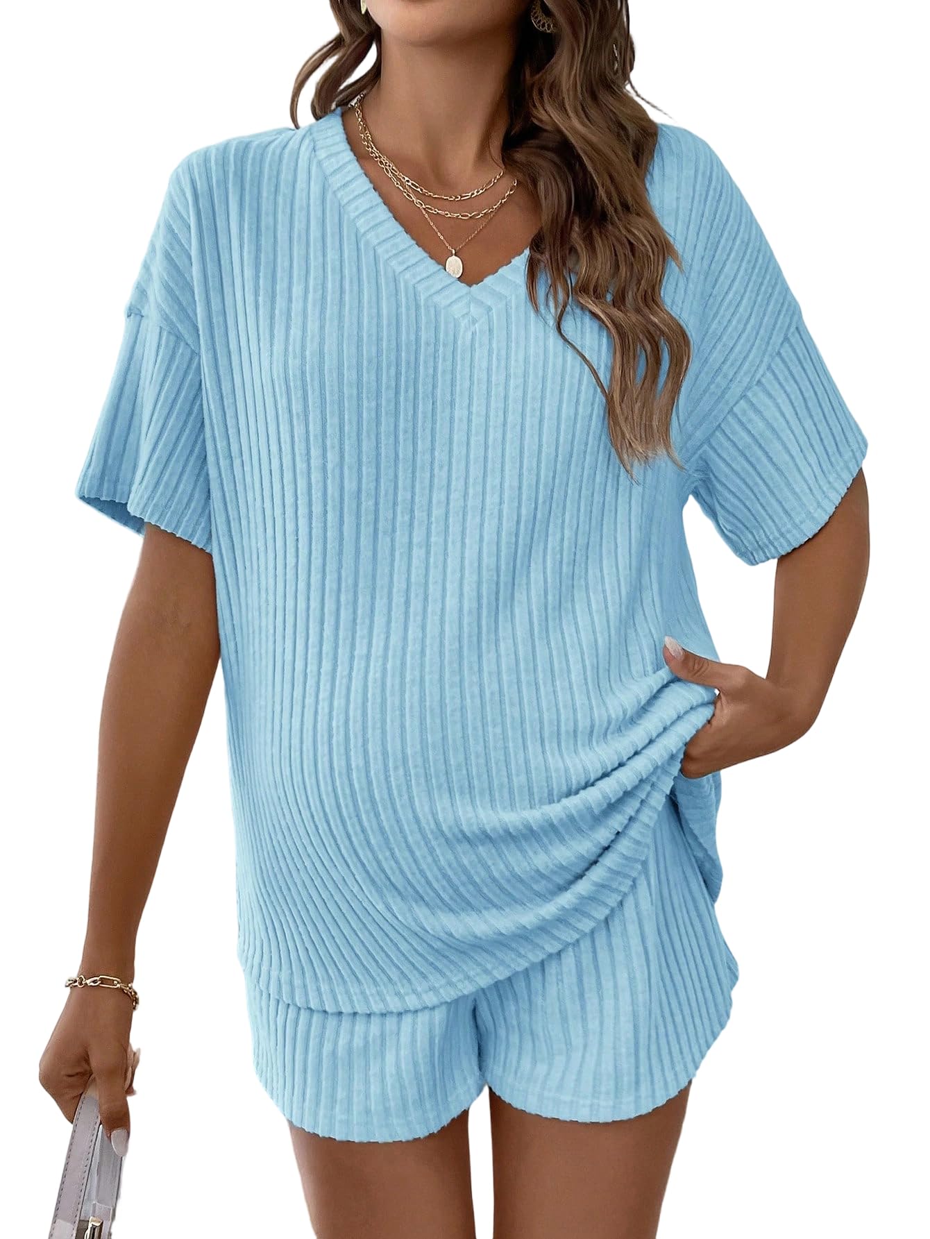MakeMeChic Women's Maternity 2 Piece Sets Ribbed Shirt and Biker Shorts