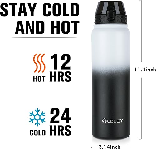 Miniatura 3 de OLDLEY Botella de agua aislada de 12 onzas con pajilla, botella de agua de acero inoxidable con 2 tapas, botellas de vacío de doble pared para