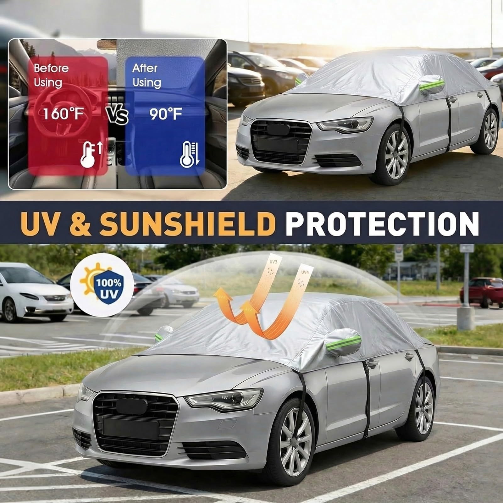 Wasserdicht Halbgarage für Auto Sommer für Ford Fusion 2005-2020 Autoabdeckung Abdeckplane Auto All Weather, Wasserdicht Staubdicht Sonnenschutz Wetterfest und Laub(Silber)