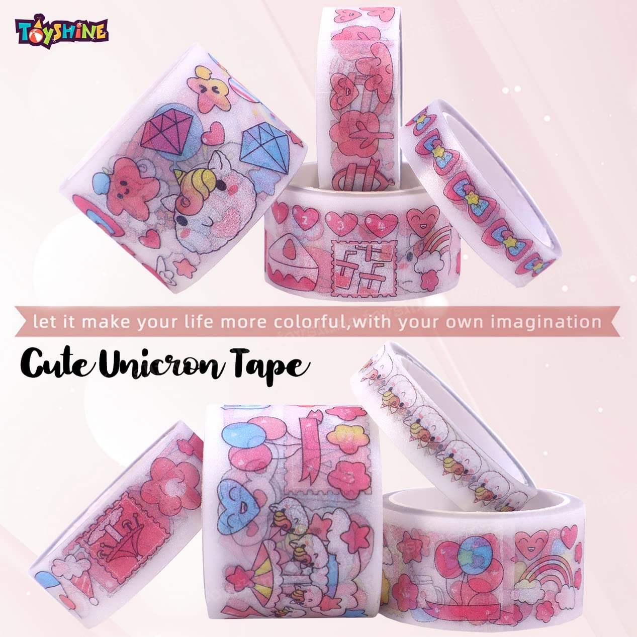 Toyshine Cute Unicorn Washi Tape Set 8 Rolls, 10 Stickers, 1
