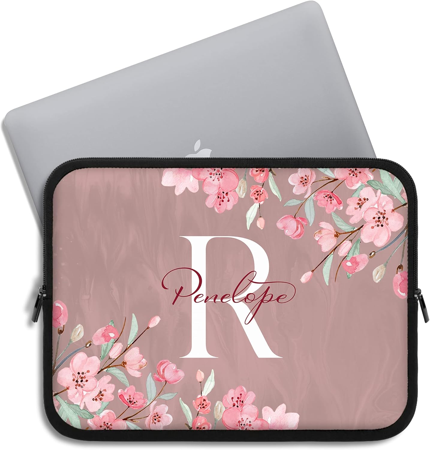 Custom Floral Pink Monogram Initial Laptop Sleeve Designed for MacBook Pro/Air & iPad Tablets, 7, 10, 13, 15, 17 Inch, Personalized Lenovo, HP, Acer, Dell Notebook Computer Bag Case